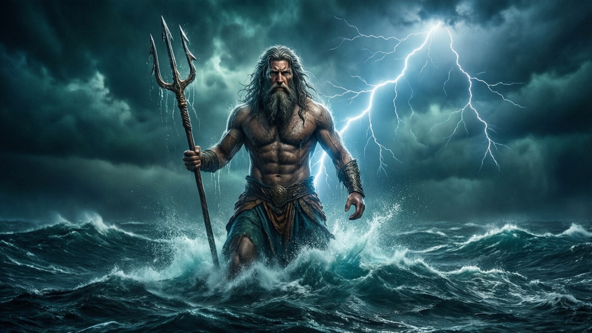 Poseidon 桌布 壁紙 — 一位肌肉發達、鬍鬚濃密的神在雷電交加的暴風雨天空下，於洶湧波濤中揮舞三叉戟。