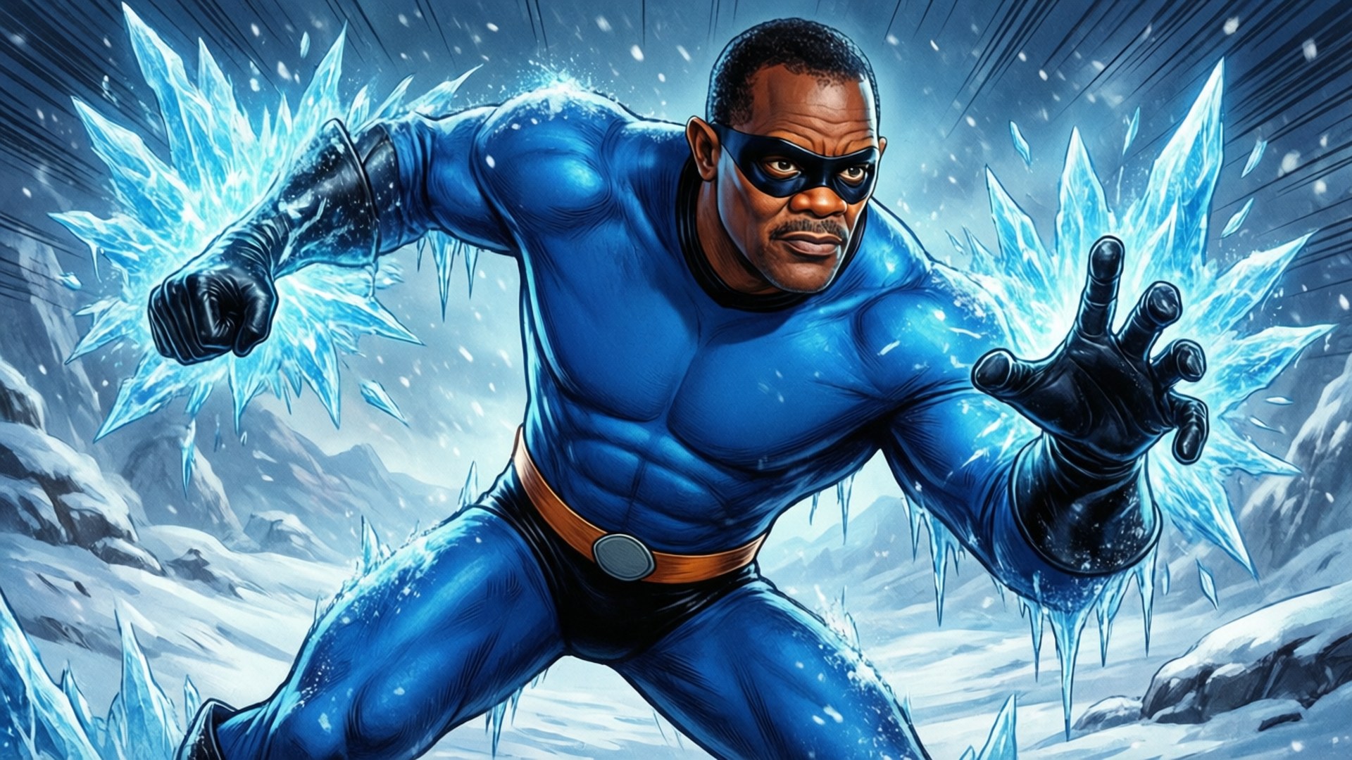 Frozone Superhero 壁紙 — 一個肌肉發達的黑人超級英雄，身穿藍色套裝，拳頭噴出冰晶，背景是雪山。