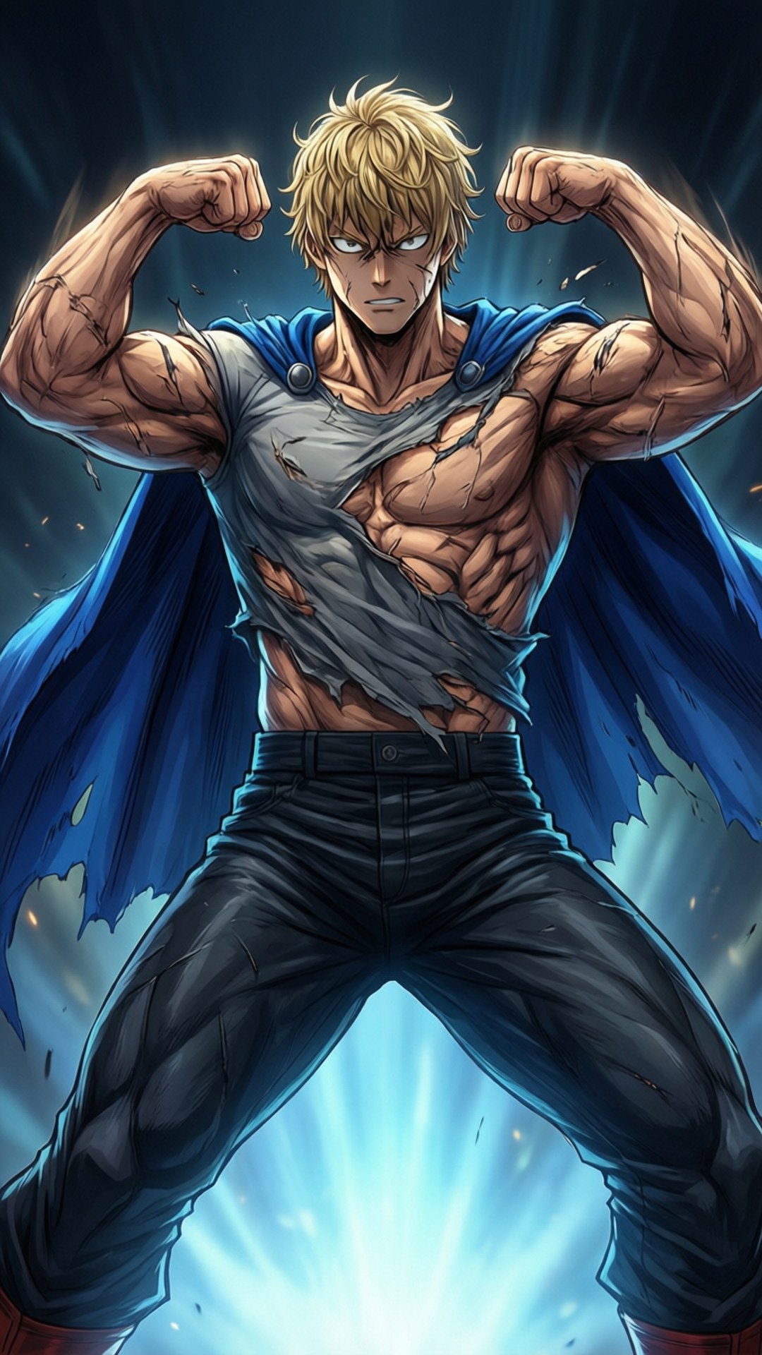Unbreakable Power 壁紙 — 一個肌肉發達的金髮動漫英雄，在發光的藍色背景下展示他破爛的襯衫和藍色斗篷。