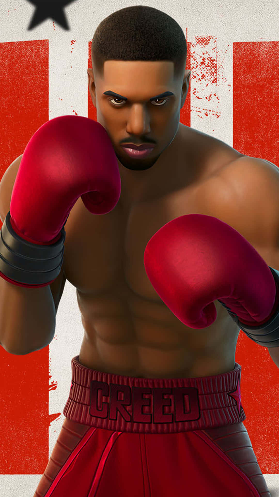  壁紙 — 一位肌肉發達的拳擊手，身穿紅色手套和短褲，褲頭有「CREED」字樣，在紅白黑星形背景下凝視。