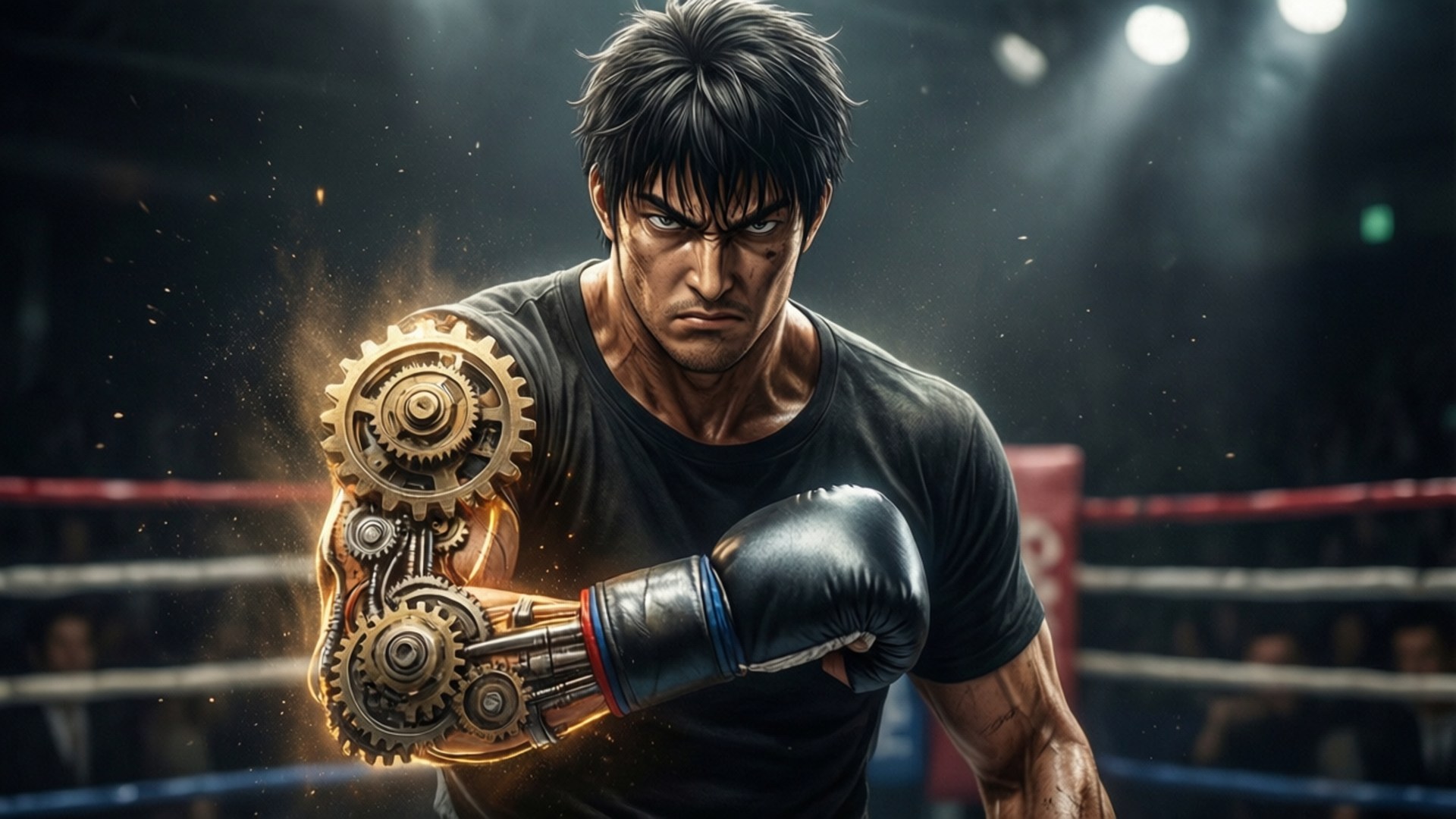 Gearless Joe in the Ring 壁紙 — 一個肌肉發達的拳擊手，擁有發光的機械手臂，站在明亮的聚光燈下，火花四濺的擂台上。