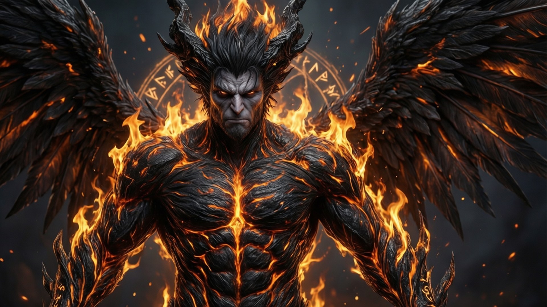 Assault Form Emergence 壁紙 — 一個肌肉發達的惡魔形象，擁有黑色翅膀和熾熱的橙色火焰從他的身體和角中噴出，背景是黑暗神秘的。