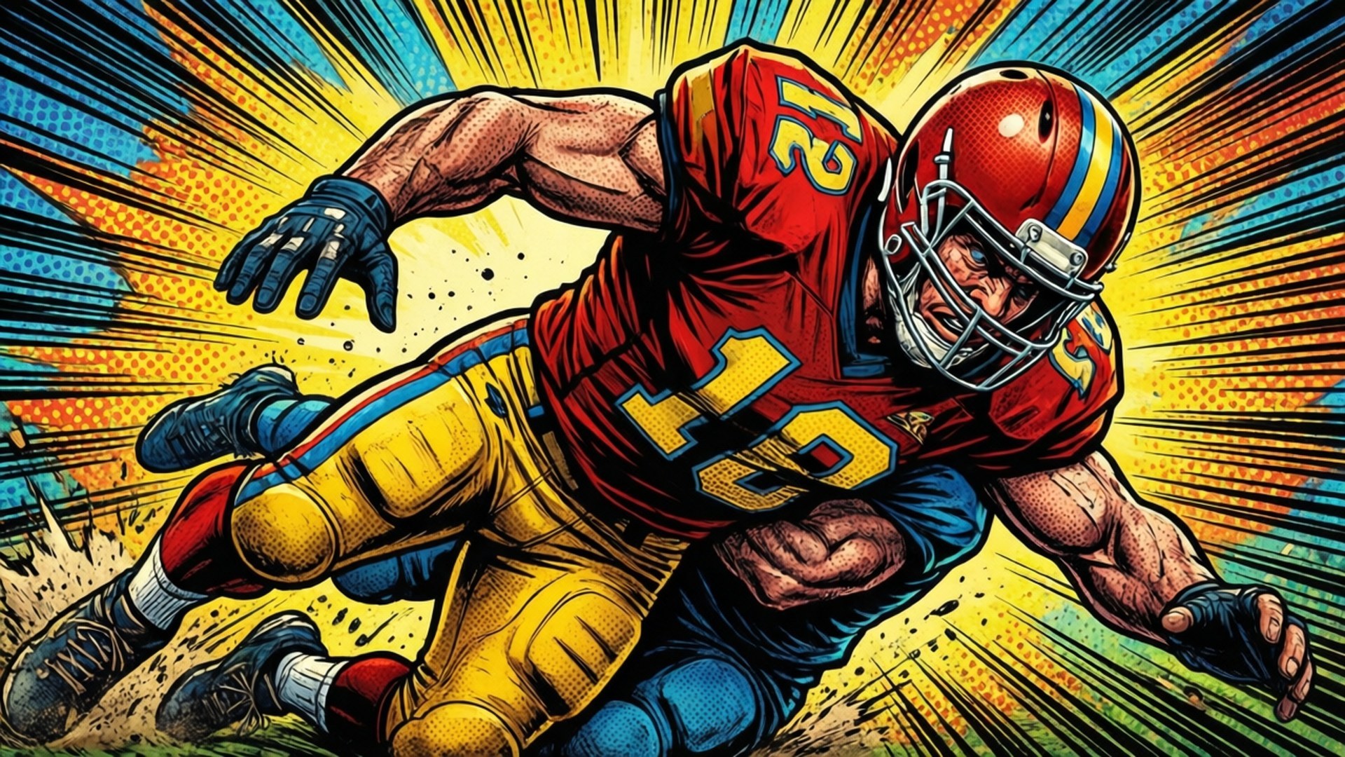 Comic Tackle Pop Art 壁紙 — 一名肌肉發達的足球運動員身穿紅黃藍色制服，在充滿活力的漫畫風格背景前，以強烈的動作向前撲去。