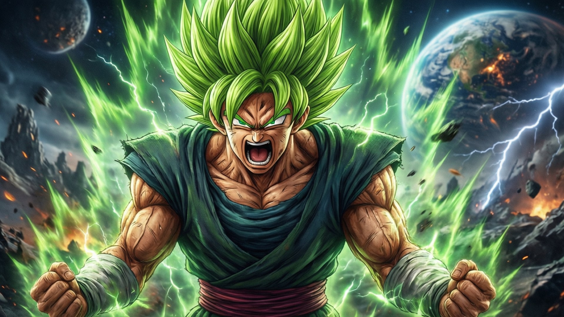 Legendary Super Saiyan Rage 壁紙 — 一個肌肉發達的綠色頭髮戰士緊握拳頭咆哮，綠色能量在他周圍噼啪作響，背景是帶有行星和閃電的宇宙場景。