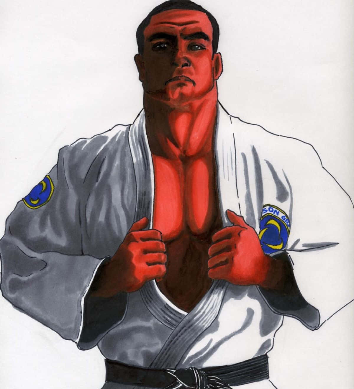 Rickson Gracie 桌布 壁紙 — 一個肌肉發達的男人穿著白色柔道服，紅色皮膚，在純白色背景前打開他的柔道服露出胸膛。