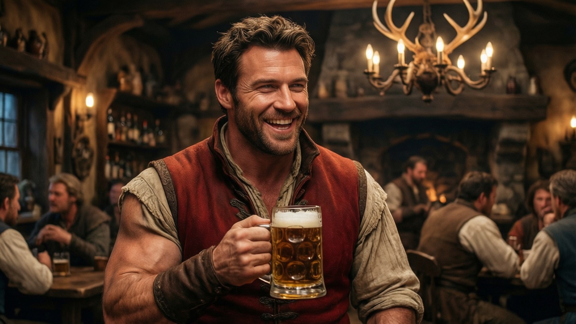 Gaston's Tavern 壁紙 — 一個肌肉發達的男人穿著紅色背心，在溫暖燈光的中世紀酒館裡，手持一杯泡沫啤酒大笑，天花掛著鹿角吊燈。