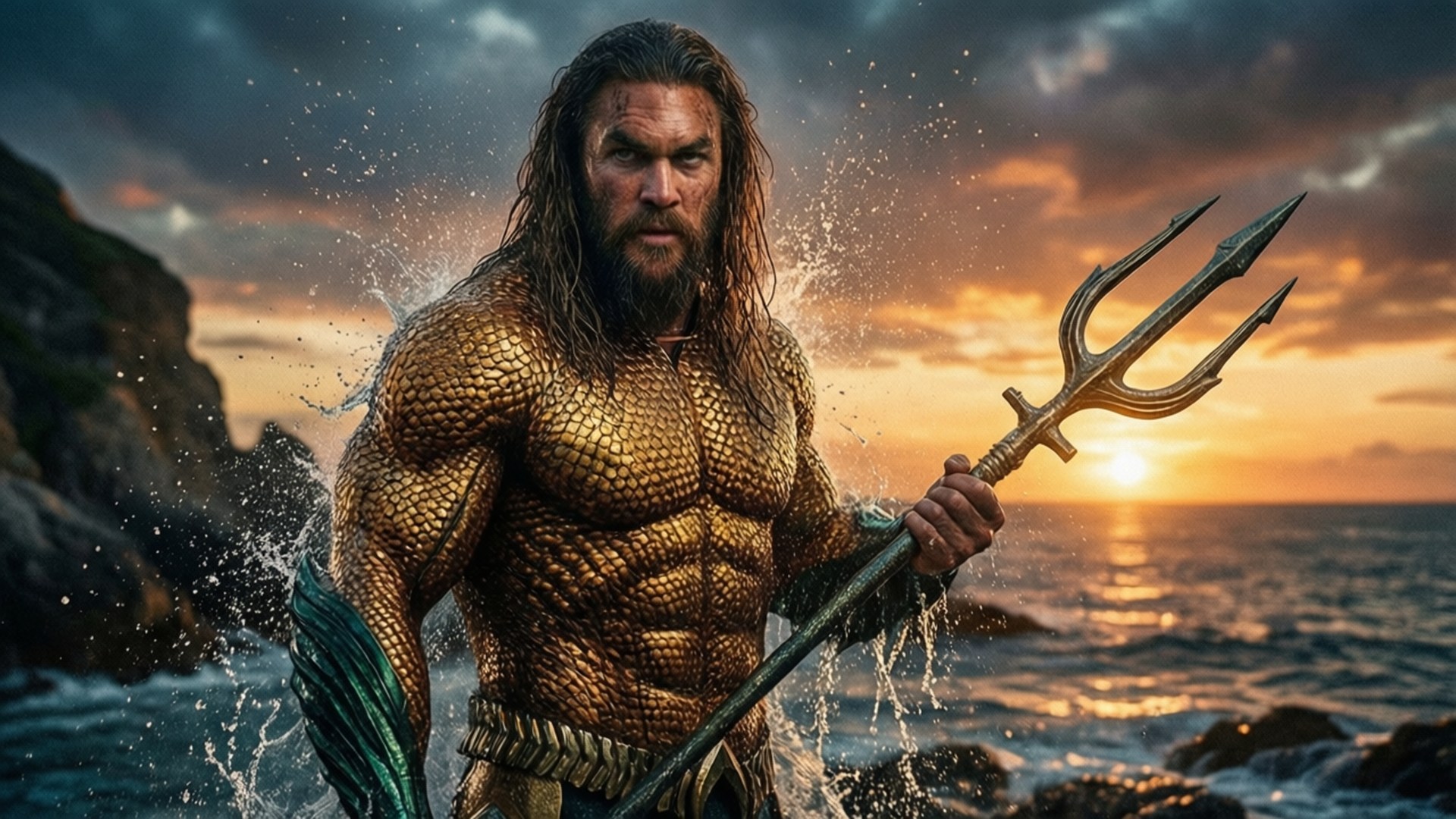 Aquaman Sunset Standoff 壁紙 — 一個肌肉發達的男人，長長的濕髮和鬍鬚，站在岩石海岸上，手持三叉戟，夕陽下海霧在他周圍飛舞。