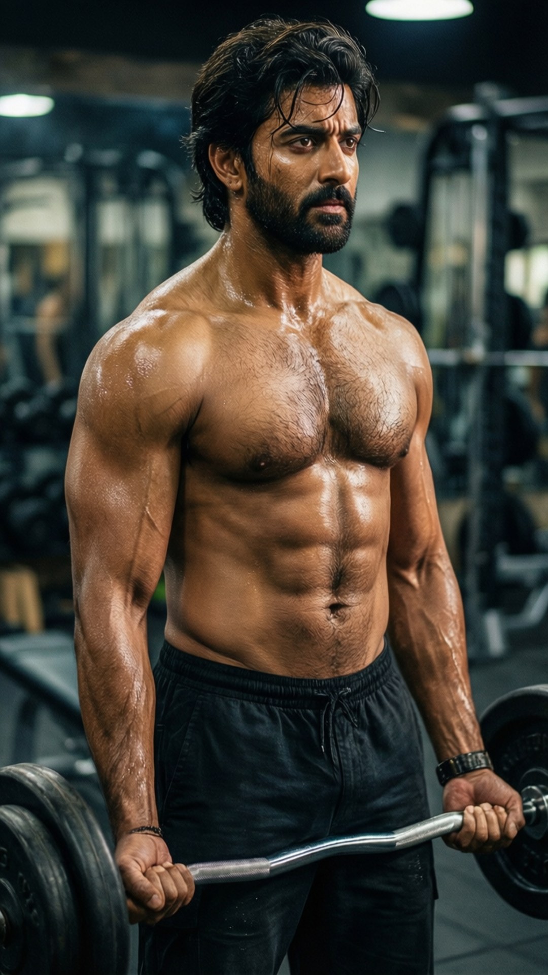 Gym Workout Motivation 壁紙 — 一個肌肉發達、鬍鬚濕透的男人在昏暗的健身房裡握著槓鈴，汗水在他分明的腹肌和手臂上閃閃發光。
