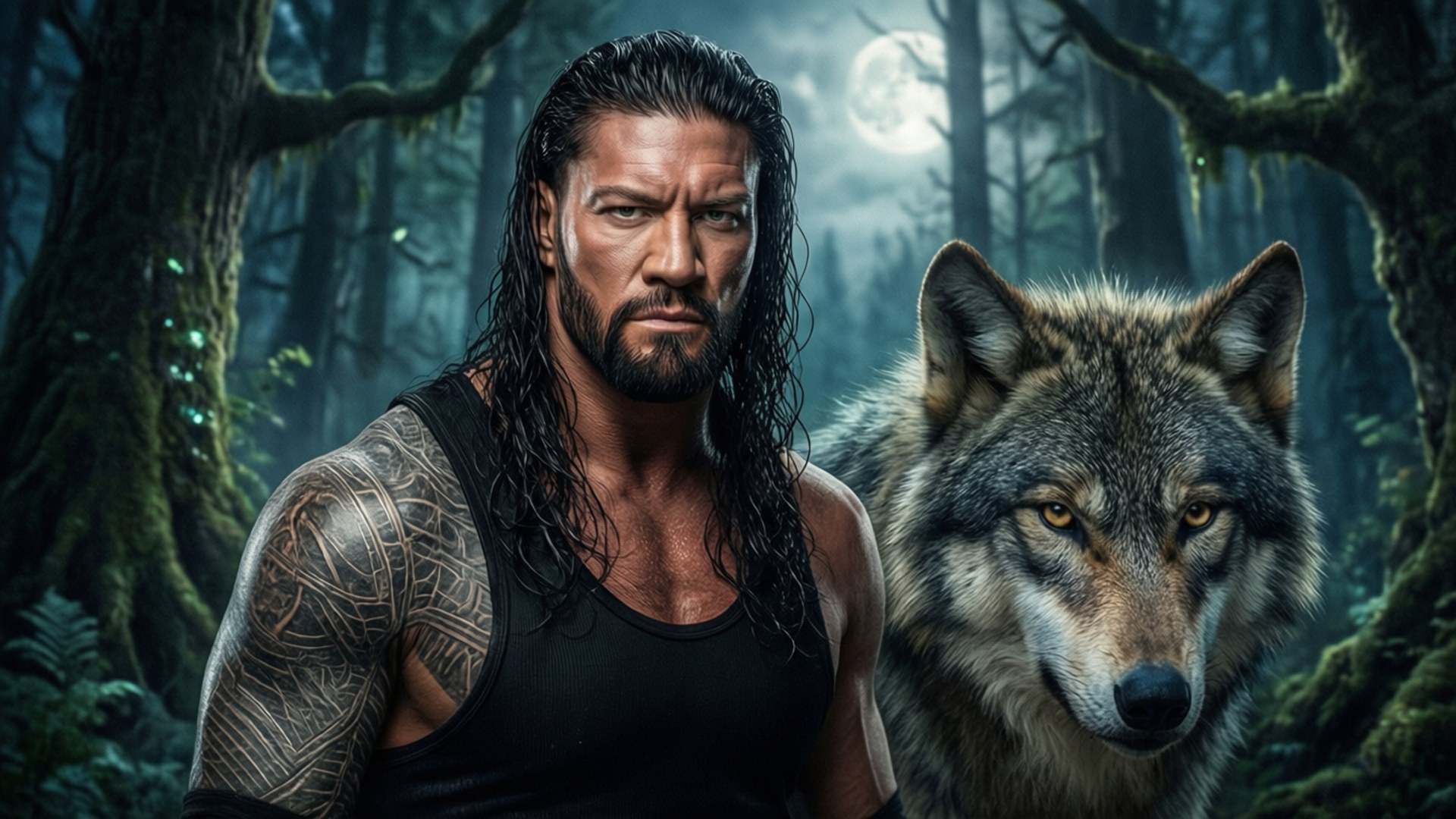 The Wolf and the Chief 壁紙 — 一個肌肉發達、留著黑色長髮、帶有部落紋身的男人，站在霧氣瀰漫、月光照耀的森林中，旁邊有一隻狼。