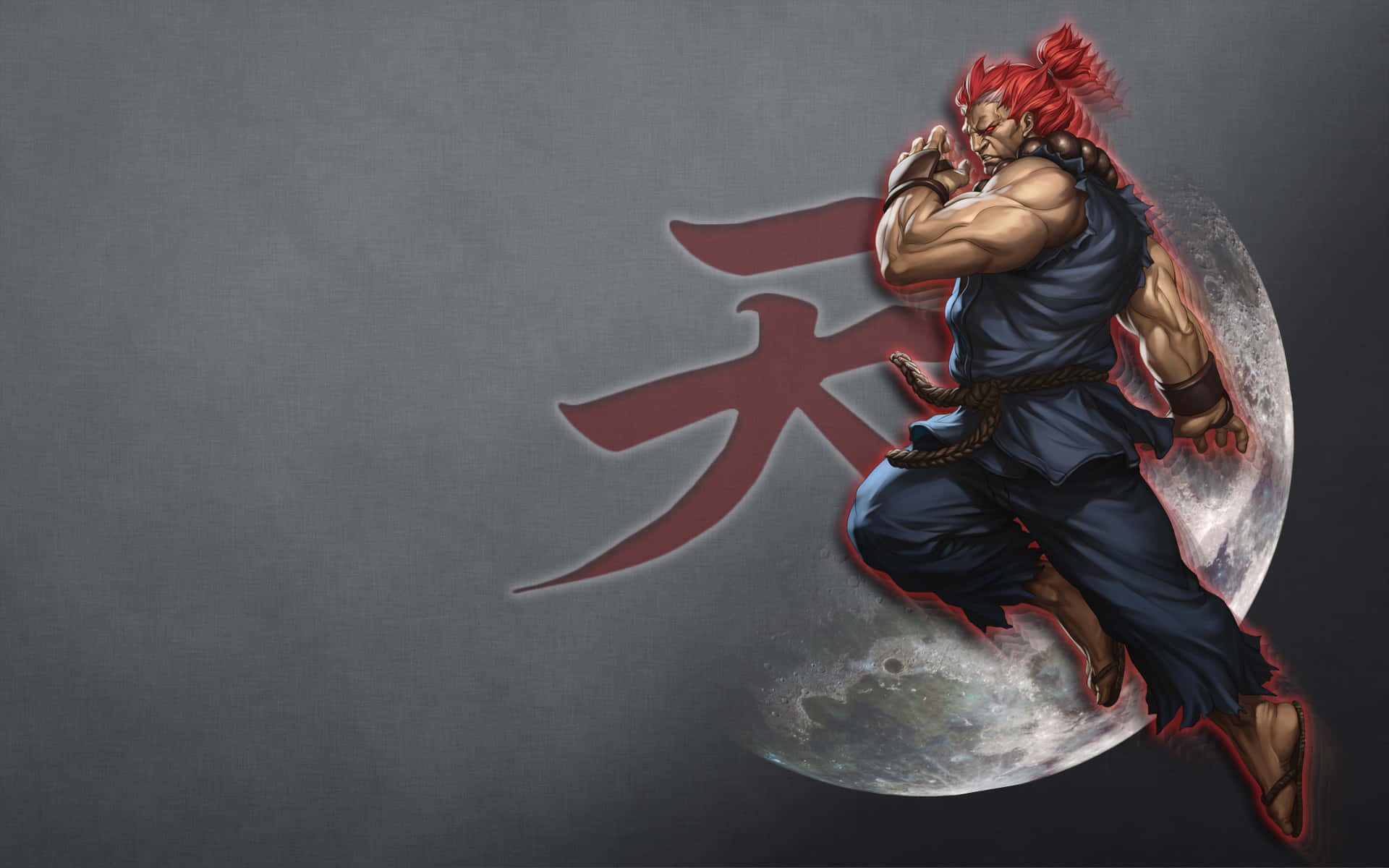  壁紙 — 一個肌肉發達的紅髮戰士穿著藍色道服，在月亮背景下動態跳躍，並有一個大型紅色漢字符號。