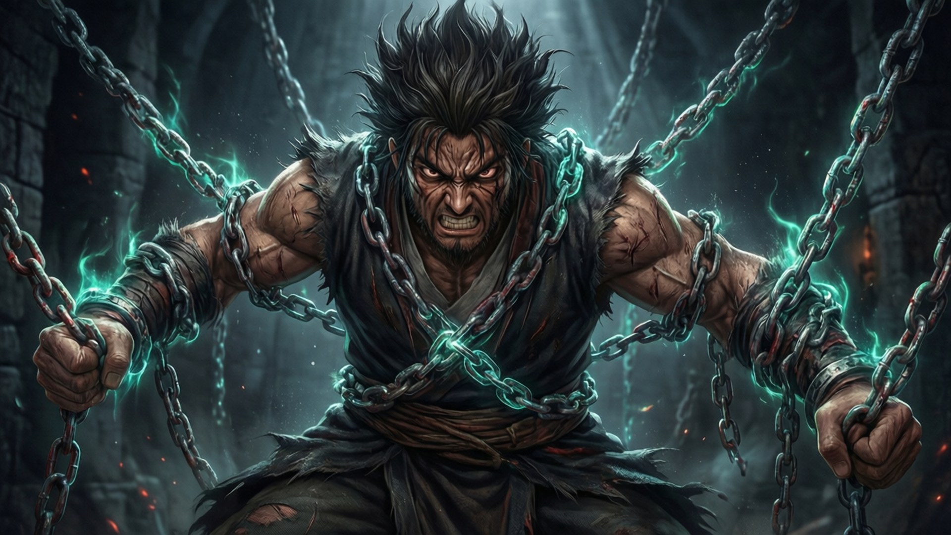 Chained Curse 壁紙 — 一個肌肉發達的戰士，頭髮狂野，身上纏繞著發光的鎖鏈，在黑暗的石頭地牢中咆哮。