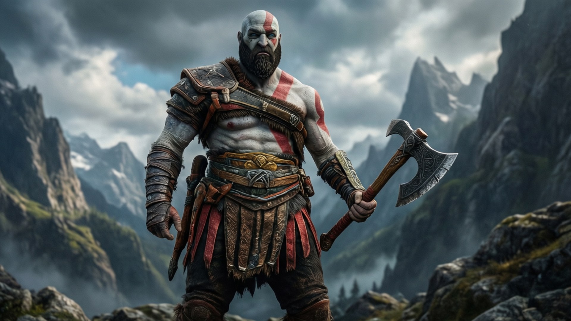 God of War Epic 壁紙 — 一個肌肉發達、帶有紅色標記和鬍鬚的戰士站在岩石山頂上，在暴風雨的天空下握著戰斧。