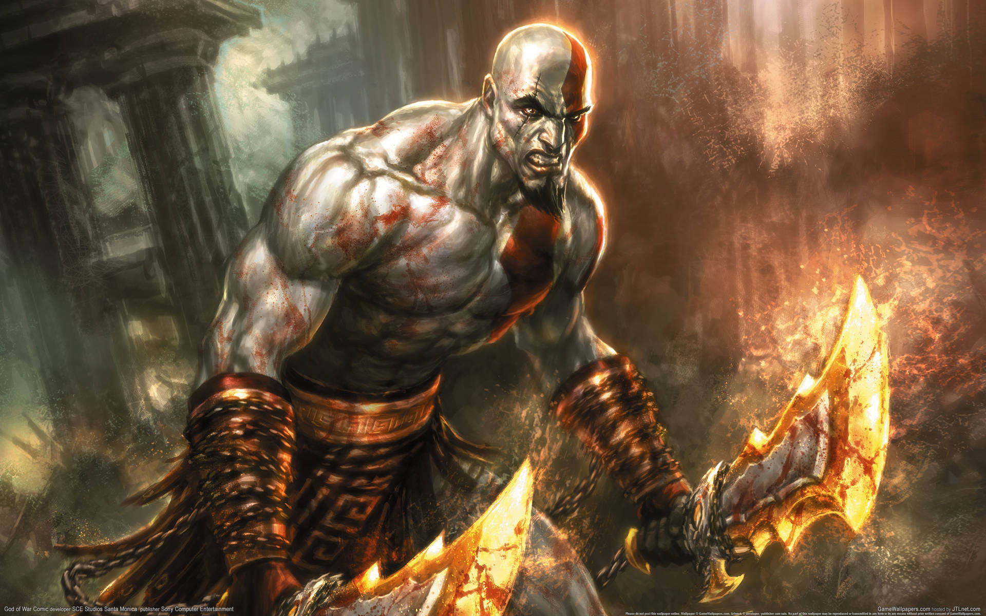 God of War 戰士在黑暗的古代廢墟中手持火焰斧頭。 — 戰神 壁紙