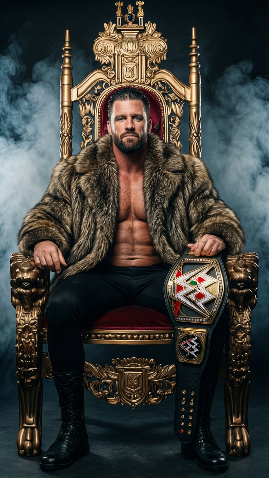 The Villain King 壁紙 — 一位肌肉發達的摔角手穿著皮草大衣，威嚴地坐在華麗的金色王座上，手持冠軍腰帶，背景是煙霧瀰漫的黑暗環境。