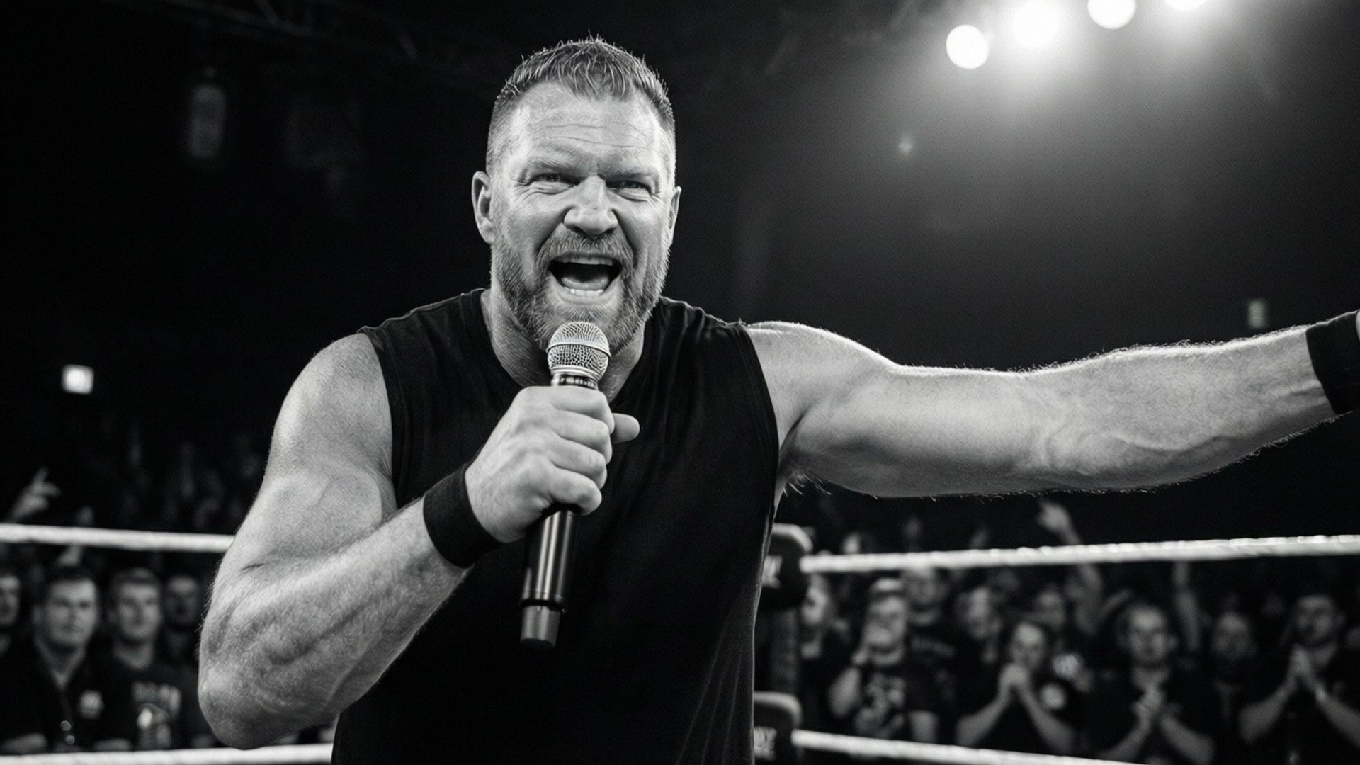 Brian Christopher 桌布 壁紙 — 一位肌肉發達的摔角手在明亮的聚光燈下對著擂台上的麥克風咆哮，身後有歡呼的人群。