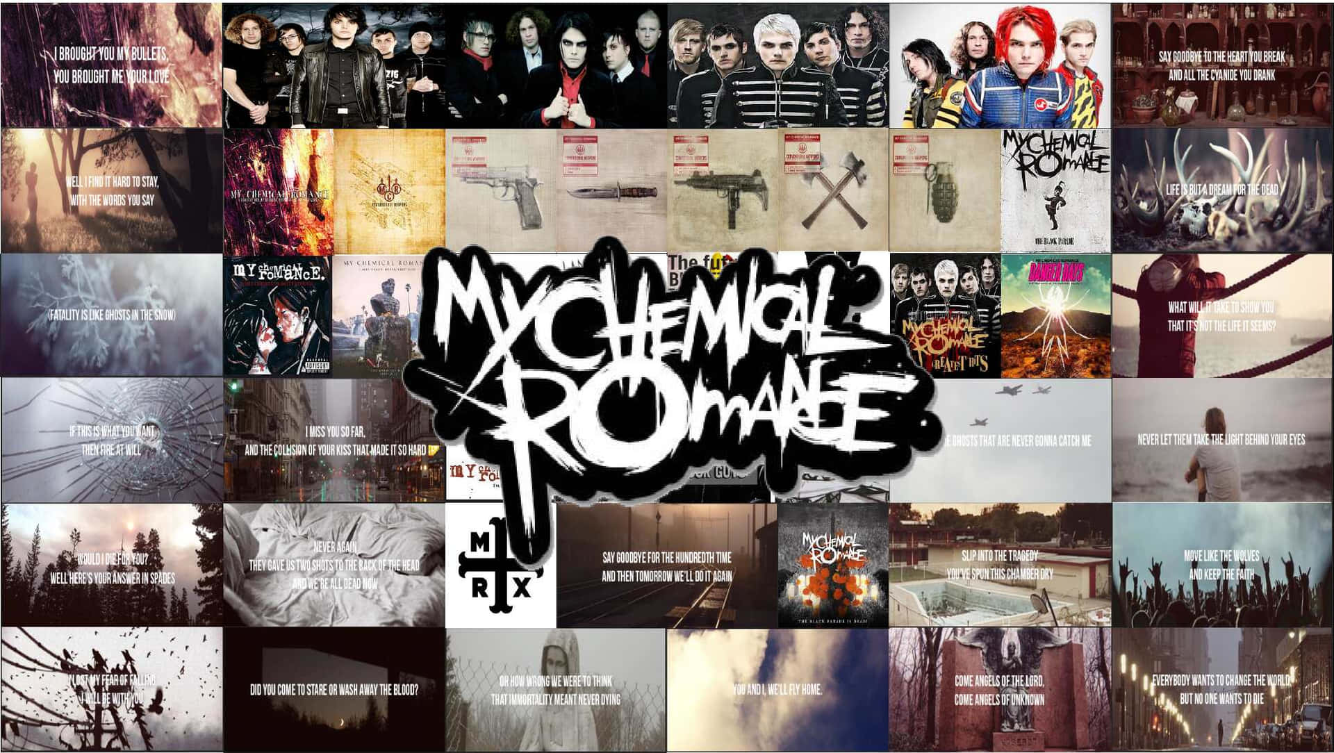  壁紙 — My Chemical Romance 專輯封面和圖像的拼貼，包含樂團成員、武器和戲劇性文字，以粗糙的黑白調呈現。