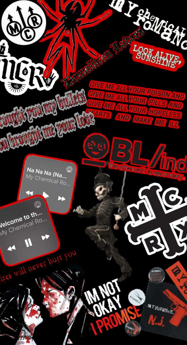  壁紙 — My Chemical Romance 樂團圖像的混亂拼貼，黑色背景上有粗體紅色和白色文字。