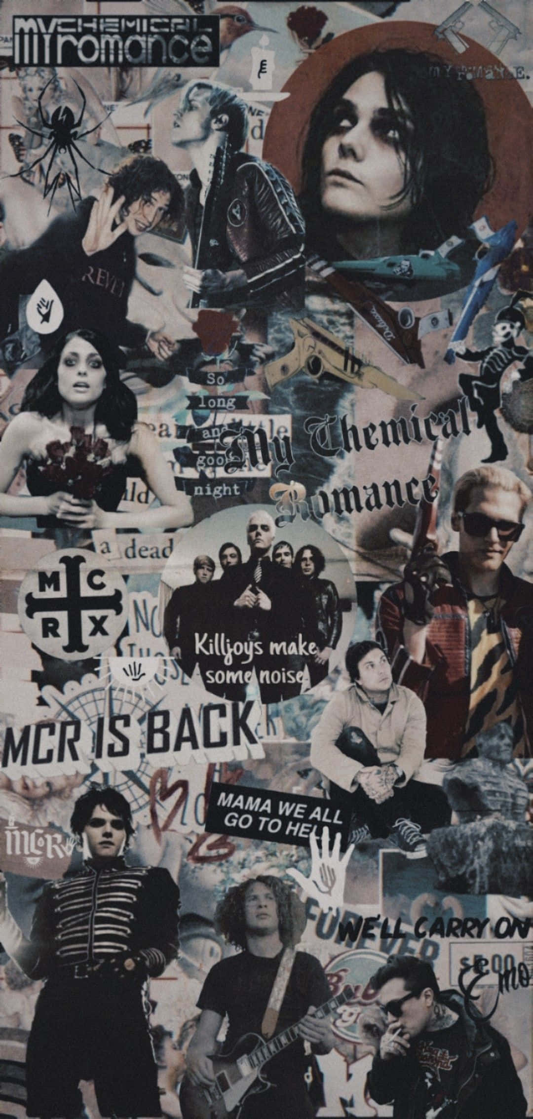 my chemical romance 桌布 壁紙 — My Chemical Romance 樂團成員、標誌和歌詞的混亂拼貼，採用粗糙的黑白風格並帶有紅色飛濺。