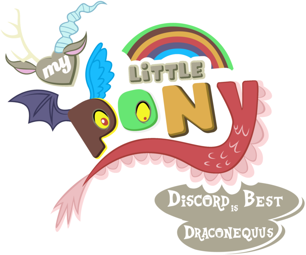 Discord 桌布 壁紙 — My Little Pony 的彩色卡通標誌，彩虹下有一隻帶有鹿角、翅膀和尾巴的龍，並帶有文字 Discord is Best Draconequus。