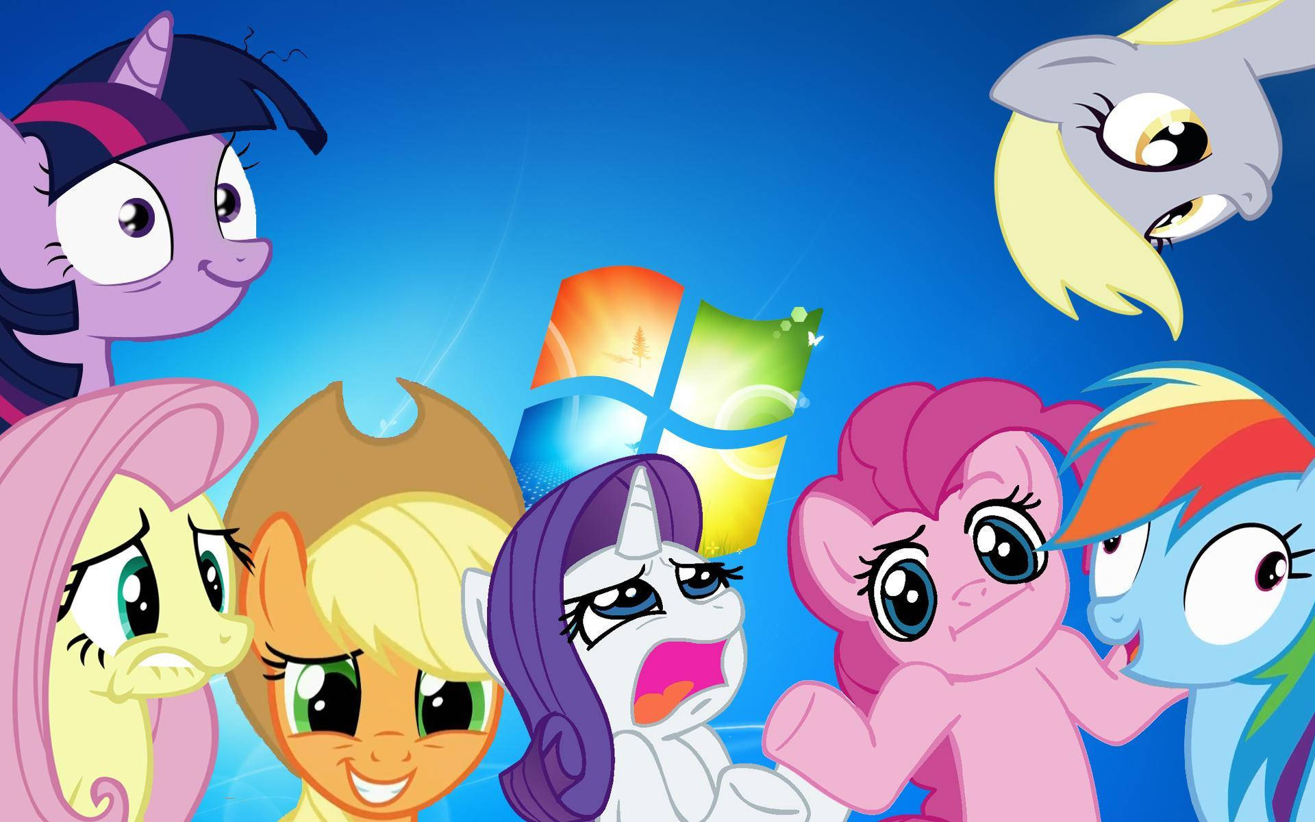 my 桌布 壁紙 — My Little Pony 角色圍繞著發光的 Windows 標誌，背景為鮮豔的藍色。