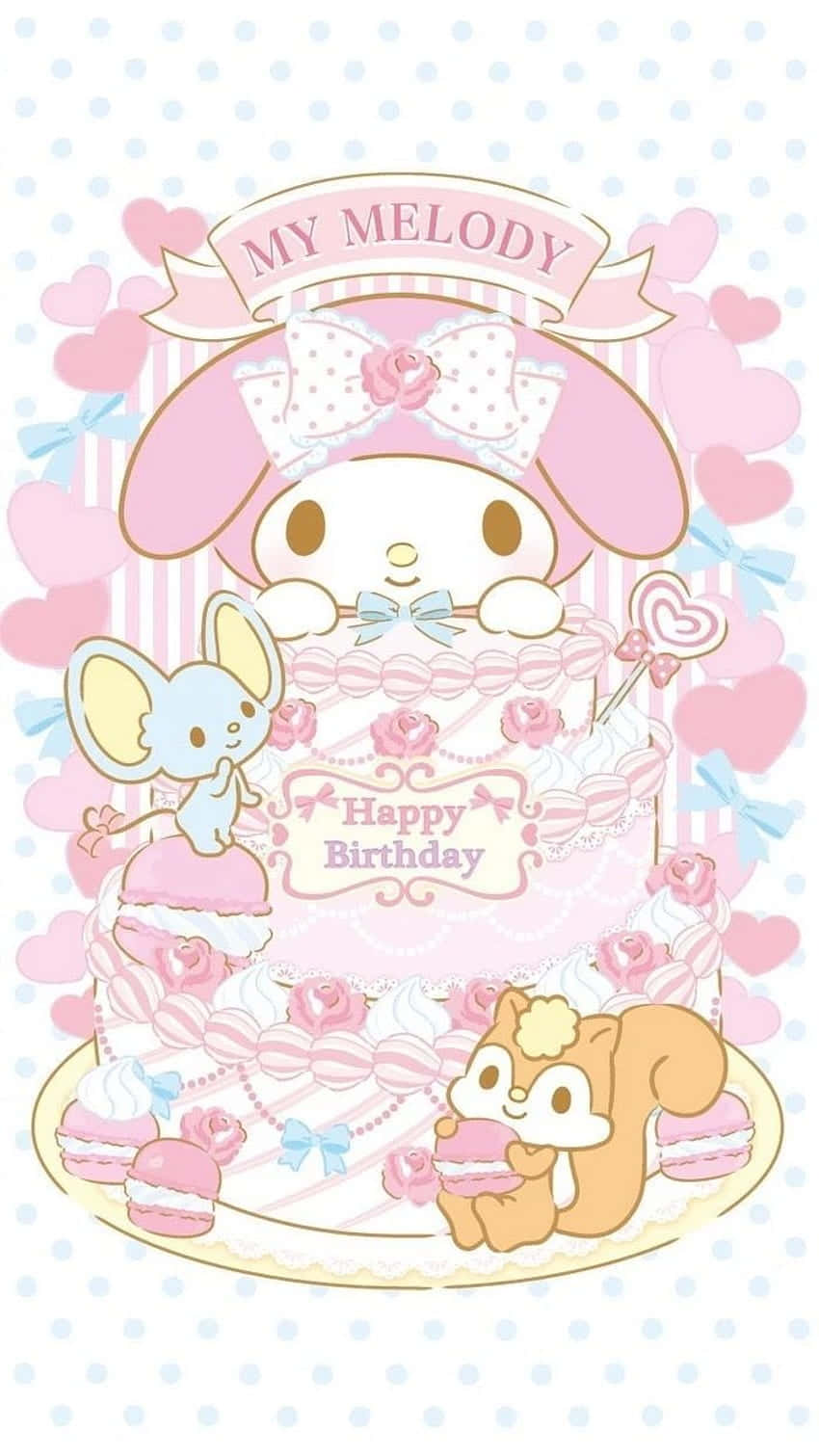 My Melody 和朋友們用一個巨型粉紅色蛋糕慶祝生日。 — 我的旋律 壁紙