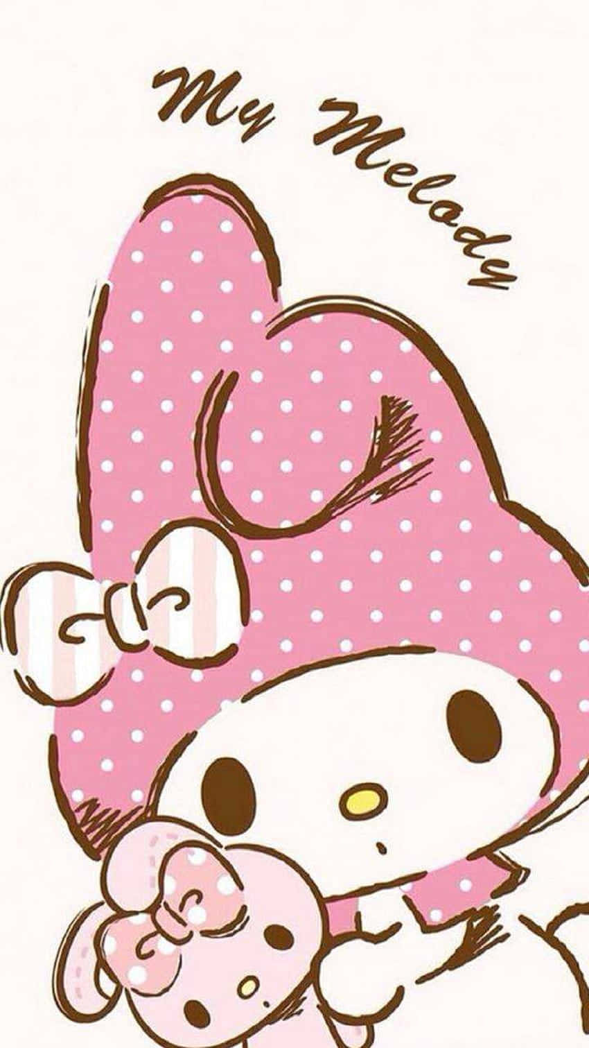 My Melody 卡通角色，戴著粉紅色圓點蝴蝶結，抱著一個較小的自己。 — 我的旋律 壁紙