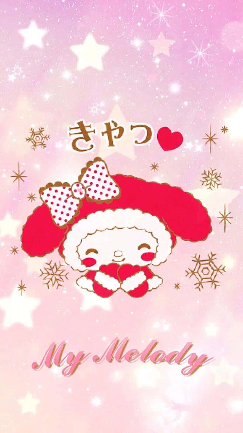  壁紙 — My Melody 戴著紅色冬帽和圓點蝴蝶結，在閃爍的粉紅星星背景前抱著愛心。