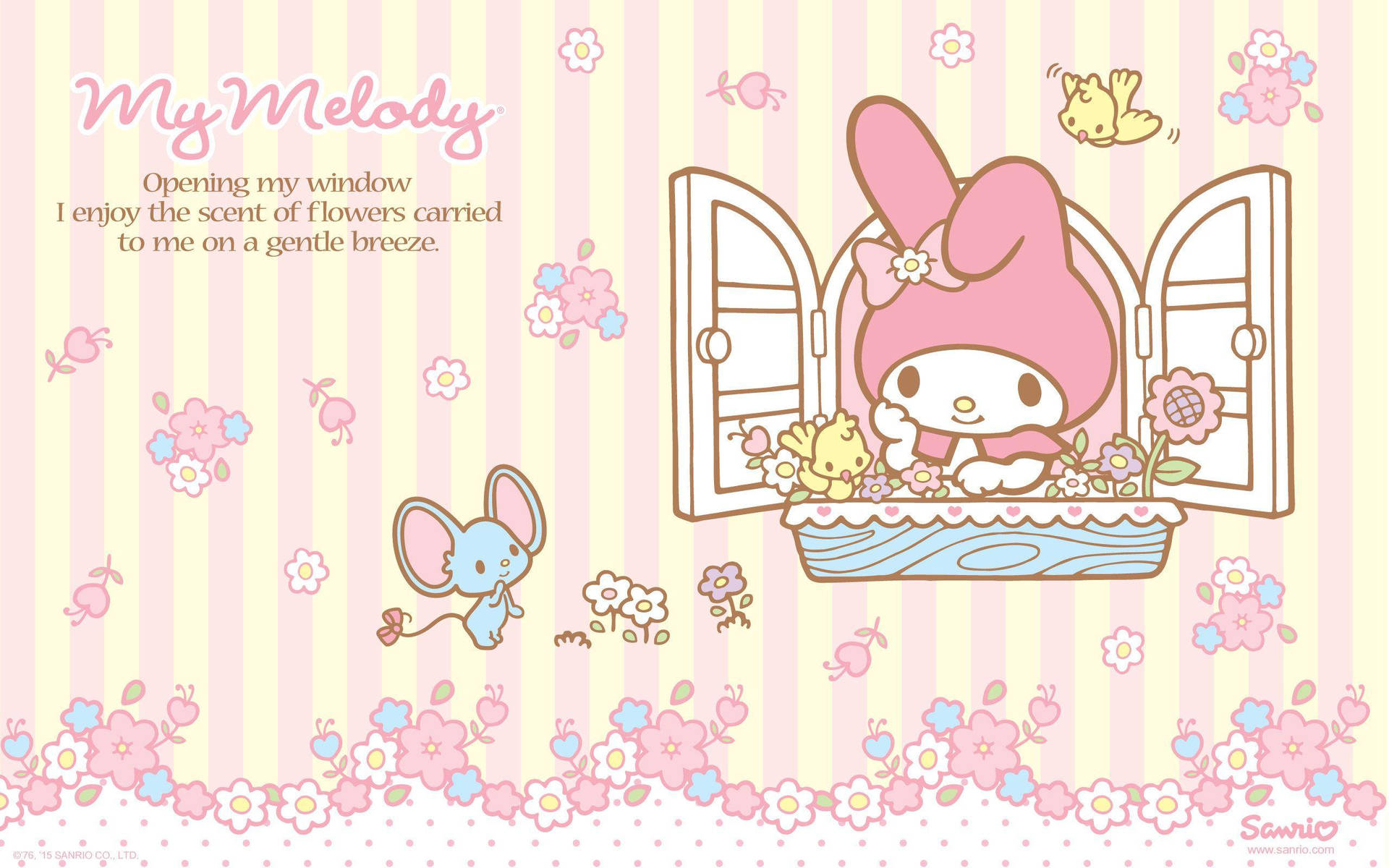My Melody 在窗台上，有花朵和老鼠，背景是條紋壁紙。 — 我的旋律 壁紙