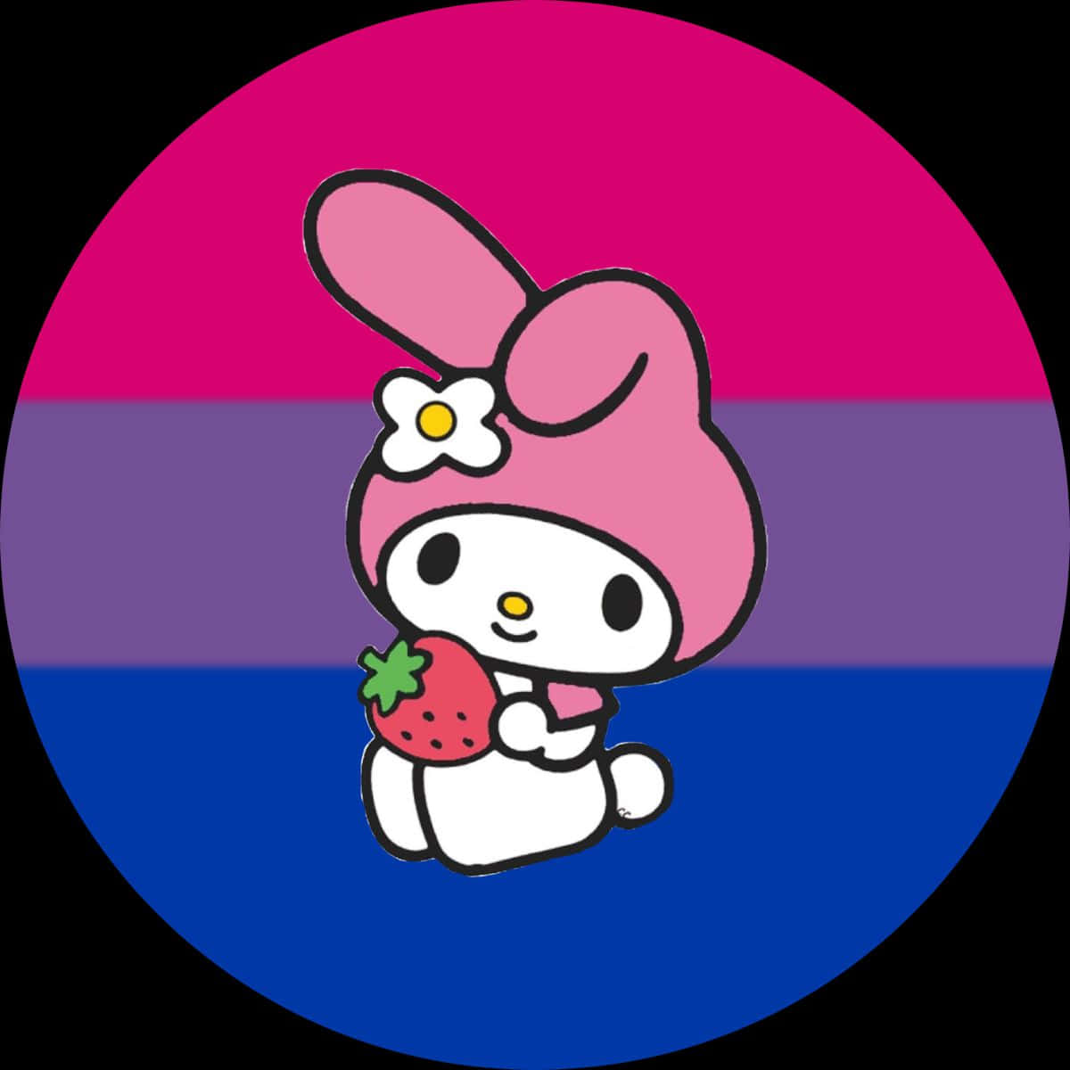  壁紙 — My Melody 兔子拿著草莓，背景是鮮豔的雙性戀驕傲旗。
