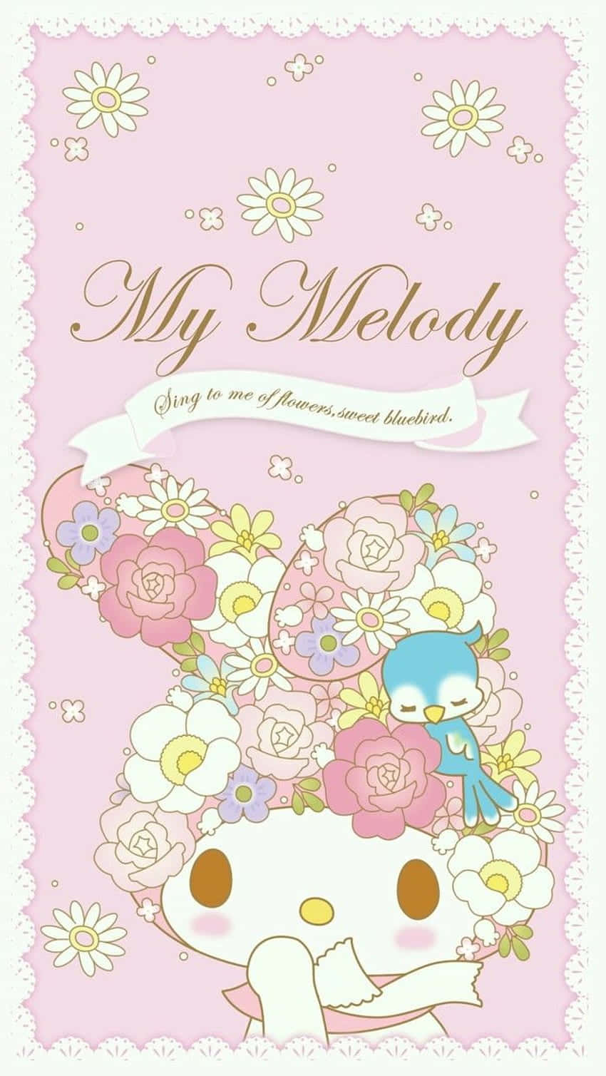 Cartoon Love 桌布 壁紙 — My Melody，一隻白兔，棕色眼睛，戴著花冠，一隻藍色小鳥棲息在花冠上，背景為粉紅色，帶有蕾絲邊框。