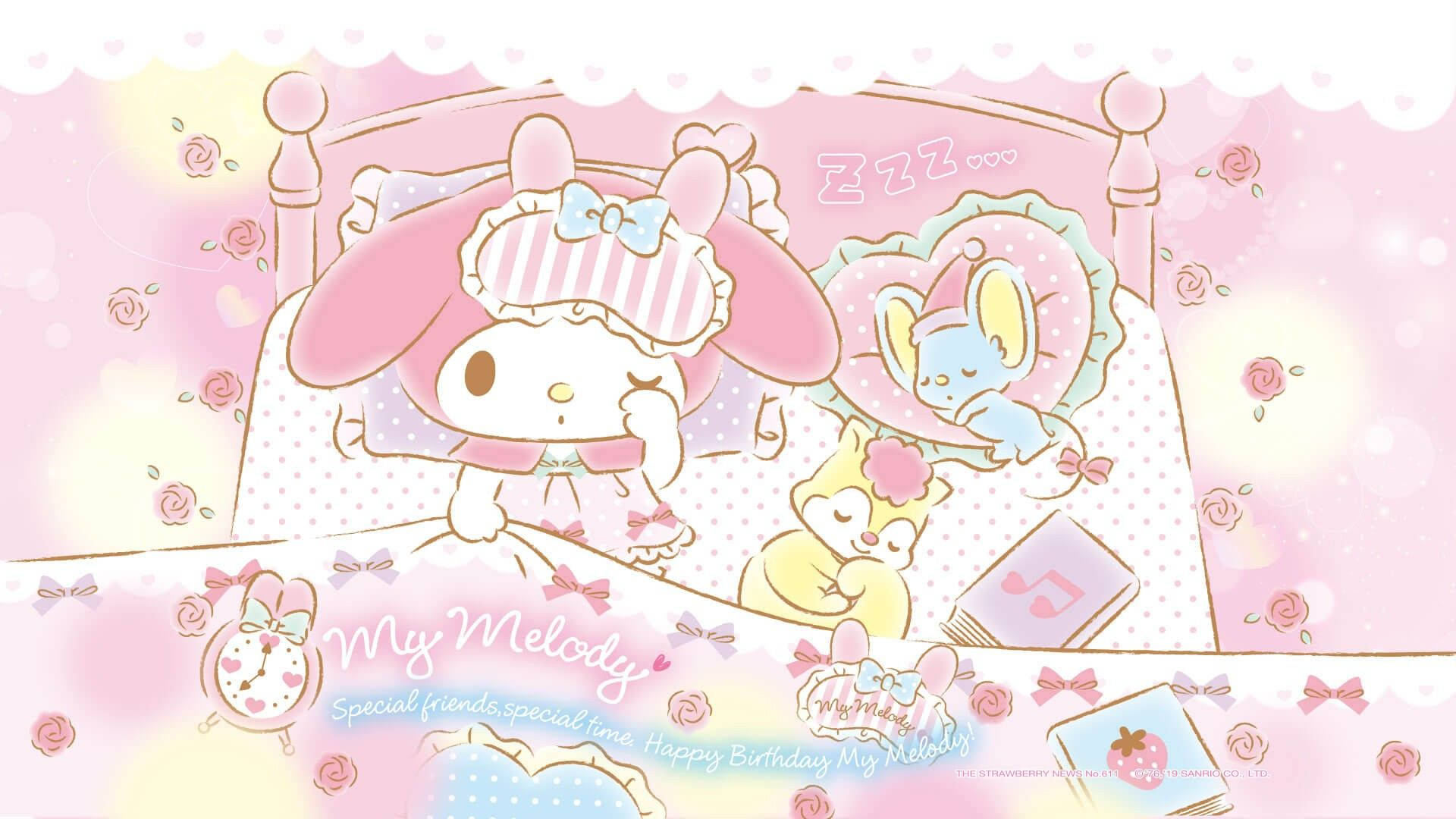 my 桌布 壁紙 — My Melody 和朋友們在一個充滿玫瑰和柔和光線的粉彩粉紅色臥室裡安然入睡。