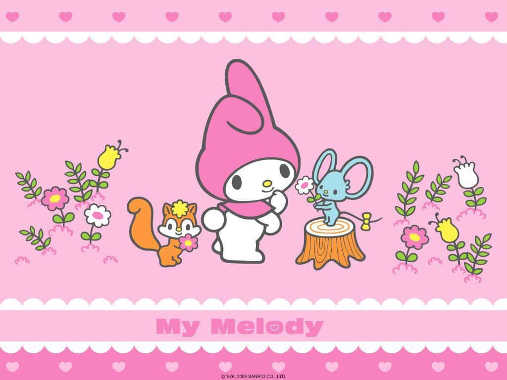 桌布 壁紙 — My Melody 和朋友們在一個充滿歡樂的粉紅色花園裡，有花朵和一個樹樁。