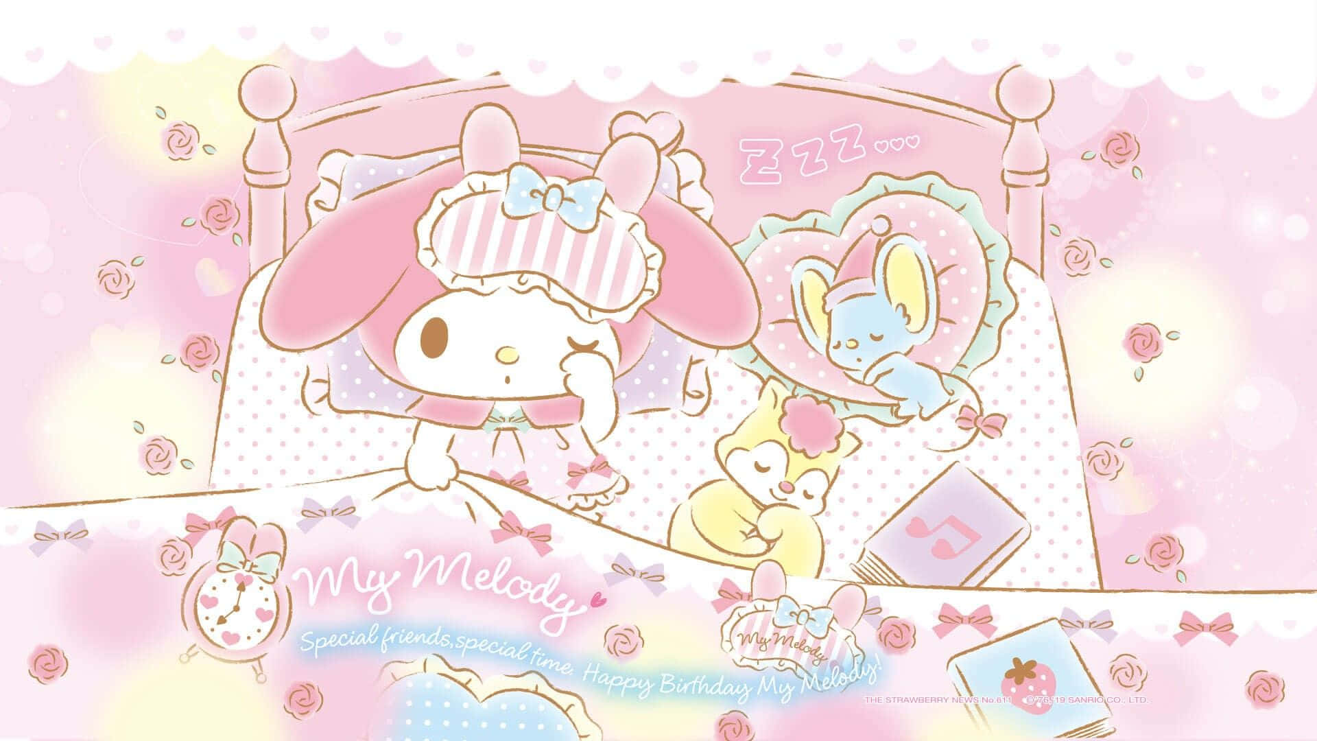 我的旋律 桌布 壁紙 — My Melody 和朋友們在一個充滿玫瑰和柔和光線的粉彩粉紅色臥室裡平靜地睡覺。