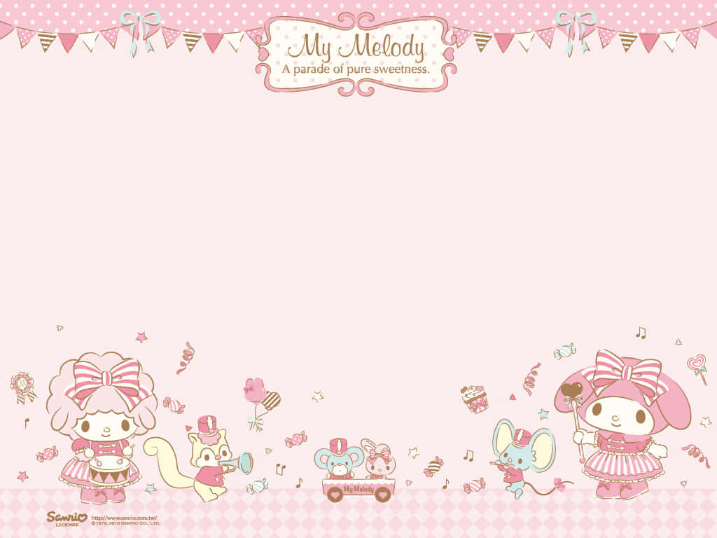 桌布 壁紙 — My Melody 和朋友們在圓點背景上，伴隨著五彩紙屑和音符，進行一場甜蜜的粉紅色遊行。