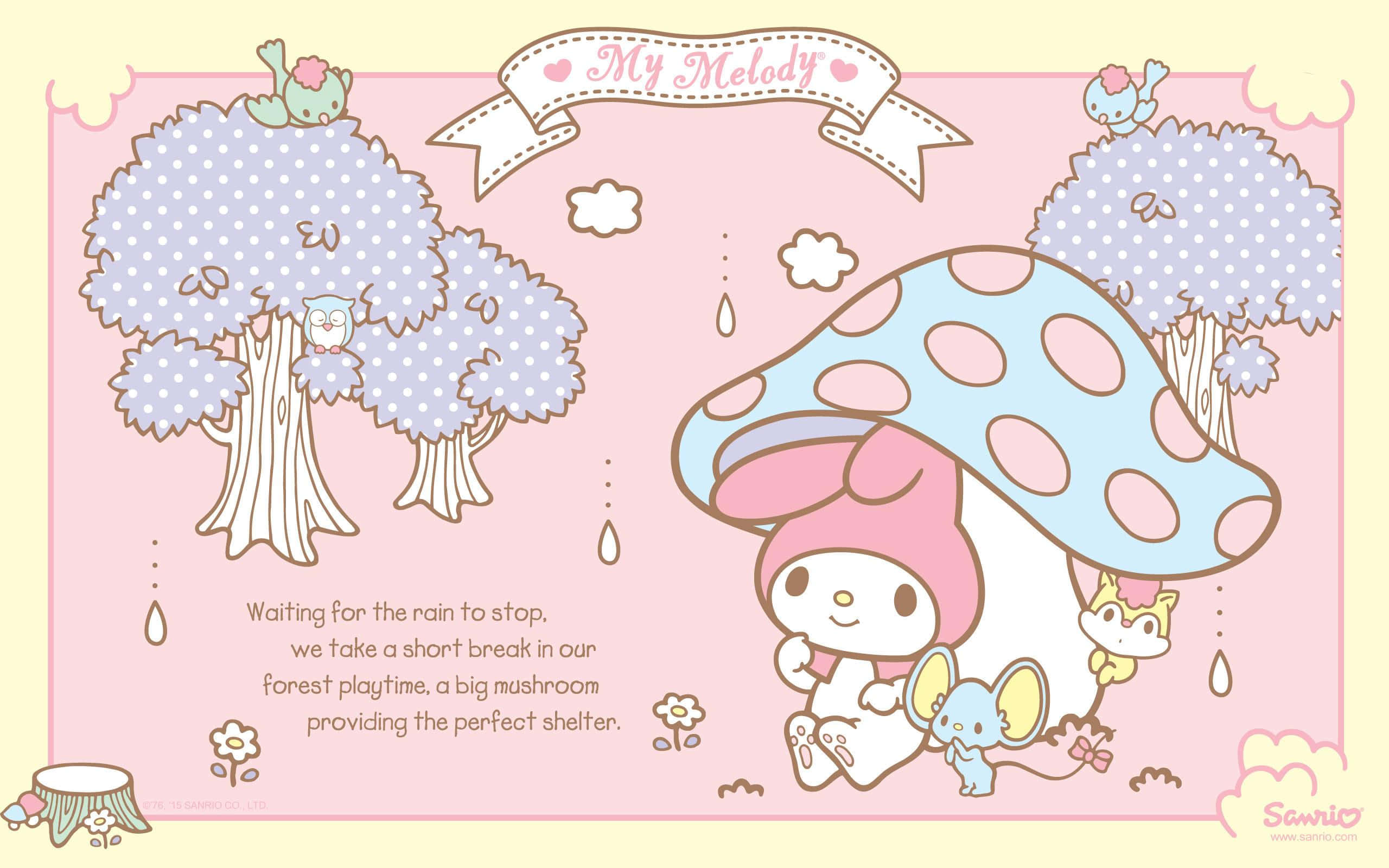 桌布 壁紙 — My Melody 和朋友們在柔和細雨中的粉彩森林場景下，躲在一棵巨大的斑點蘑菇下避雨。