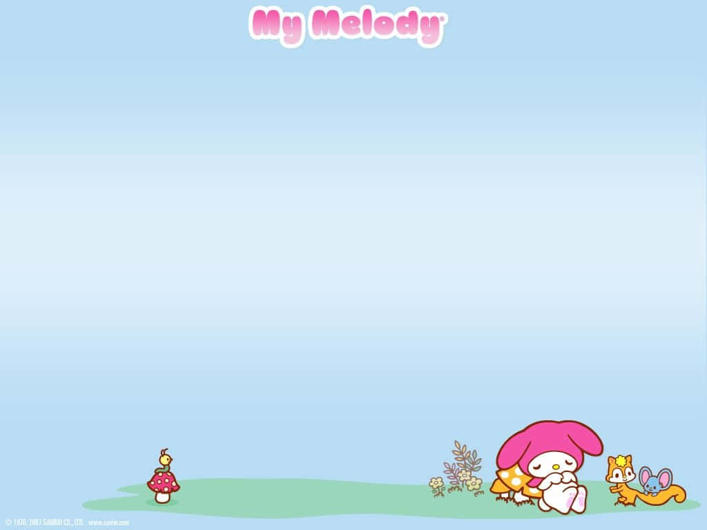 我的旋律 桌布 壁紙 — My Melody 和朋友們在柔和的藍天下，坐在草地上，附近有蘑菇。