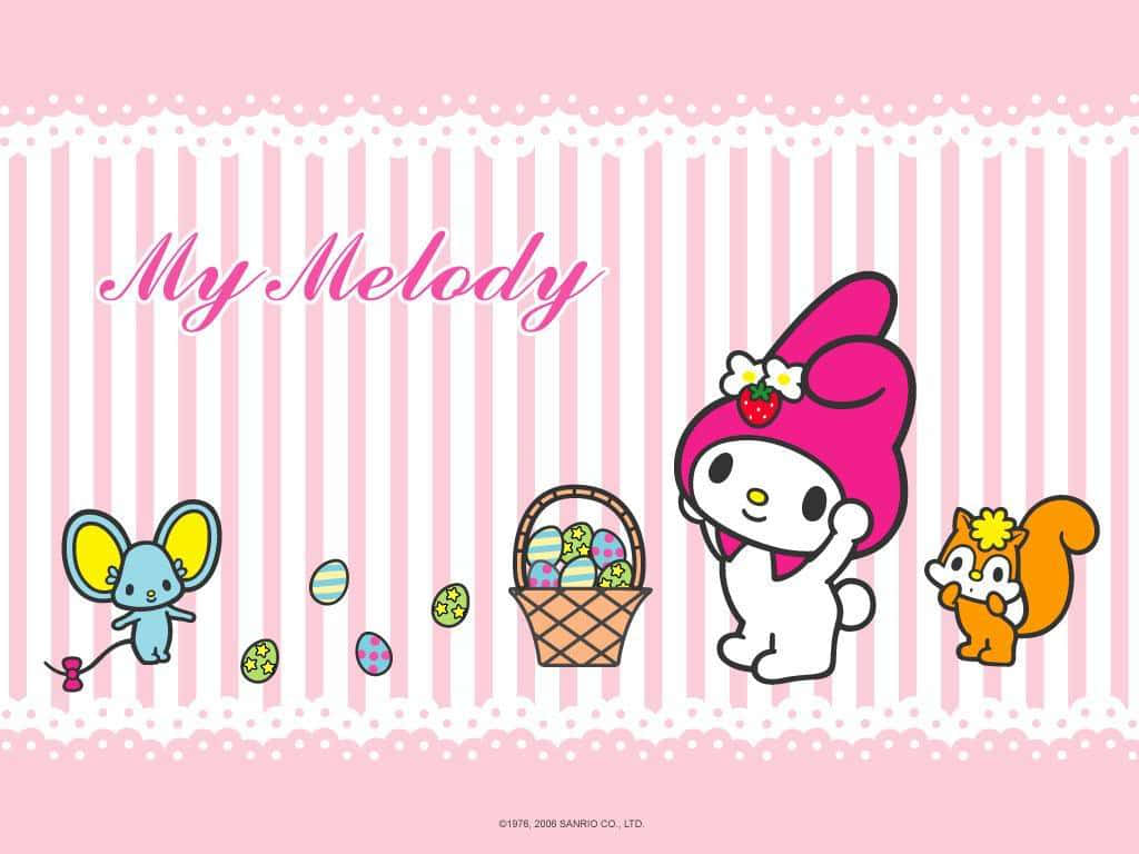 sanrio 桌布 壁紙 — My Melody 和朋友們在粉紅色條紋壁紙背景下，用彩色雞蛋和籃子慶祝復活節。