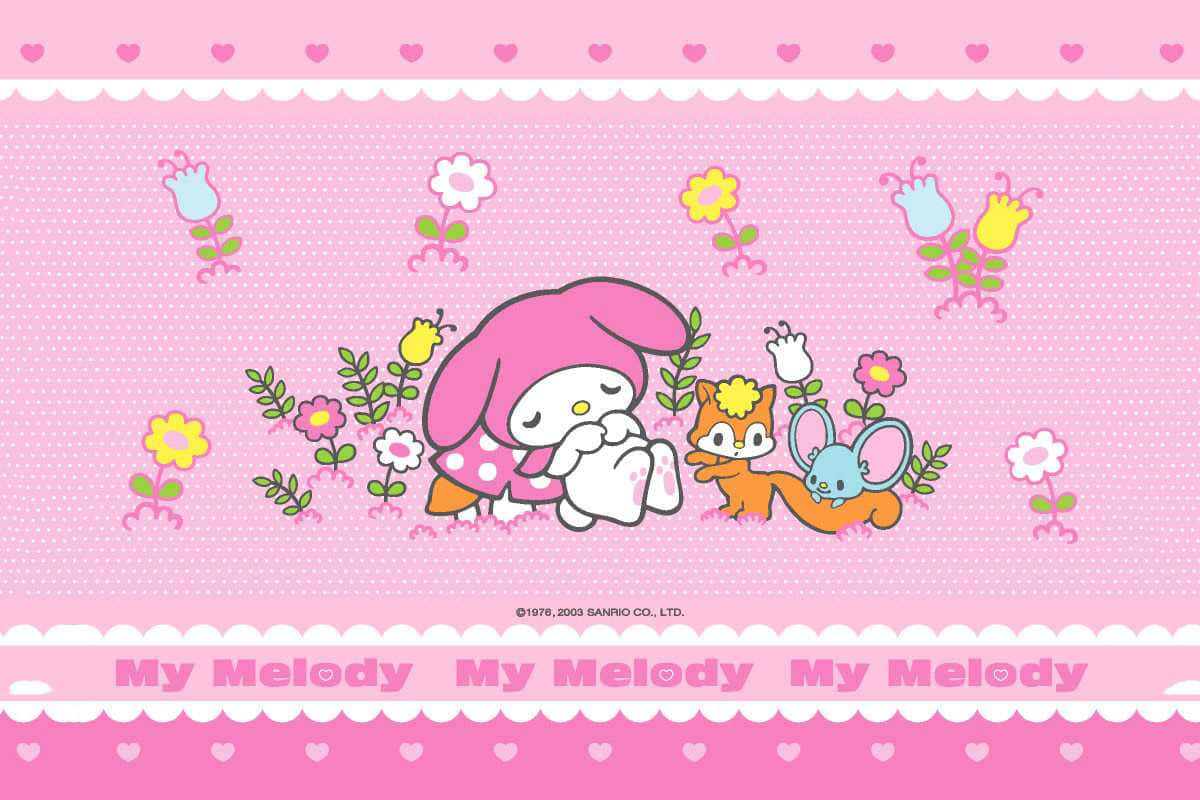 sanrio 桌布 壁紙 — My Melody 和朋友們坐在色彩繽紛的花朵中，背景是帶有心形邊框的粉紅色圓點壁紙。