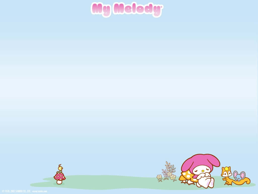 sanrio 桌布 壁紙 — My Melody 和朋友們平靜地坐在草地上，背景是柔和的藍天和漸變色調。