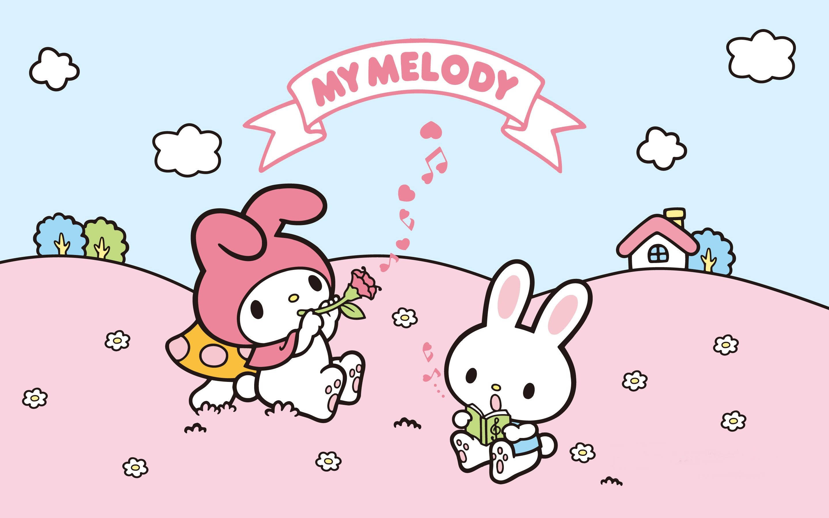 Kawaii Laptop 桌布 壁紙 — My Melody 在一個有粉紅色房子和雲朵的歡樂卡通風景中，向朋友獻上一朵粉紅色玫瑰。