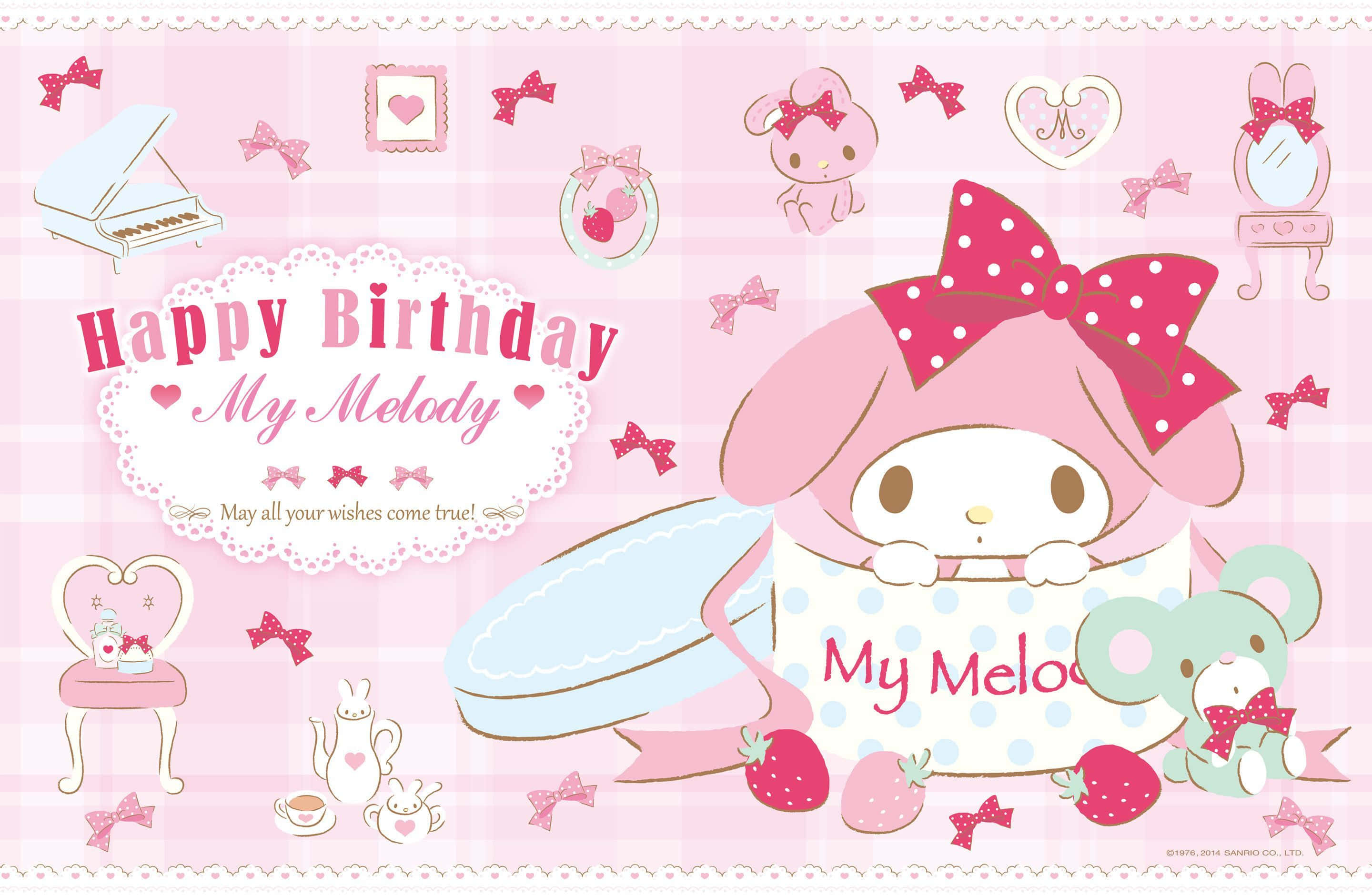 桌布 壁紙 — My Melody 在格子背景上，拿著一個被粉紅色蝴蝶結和可愛家具包圍的生日蛋糕。