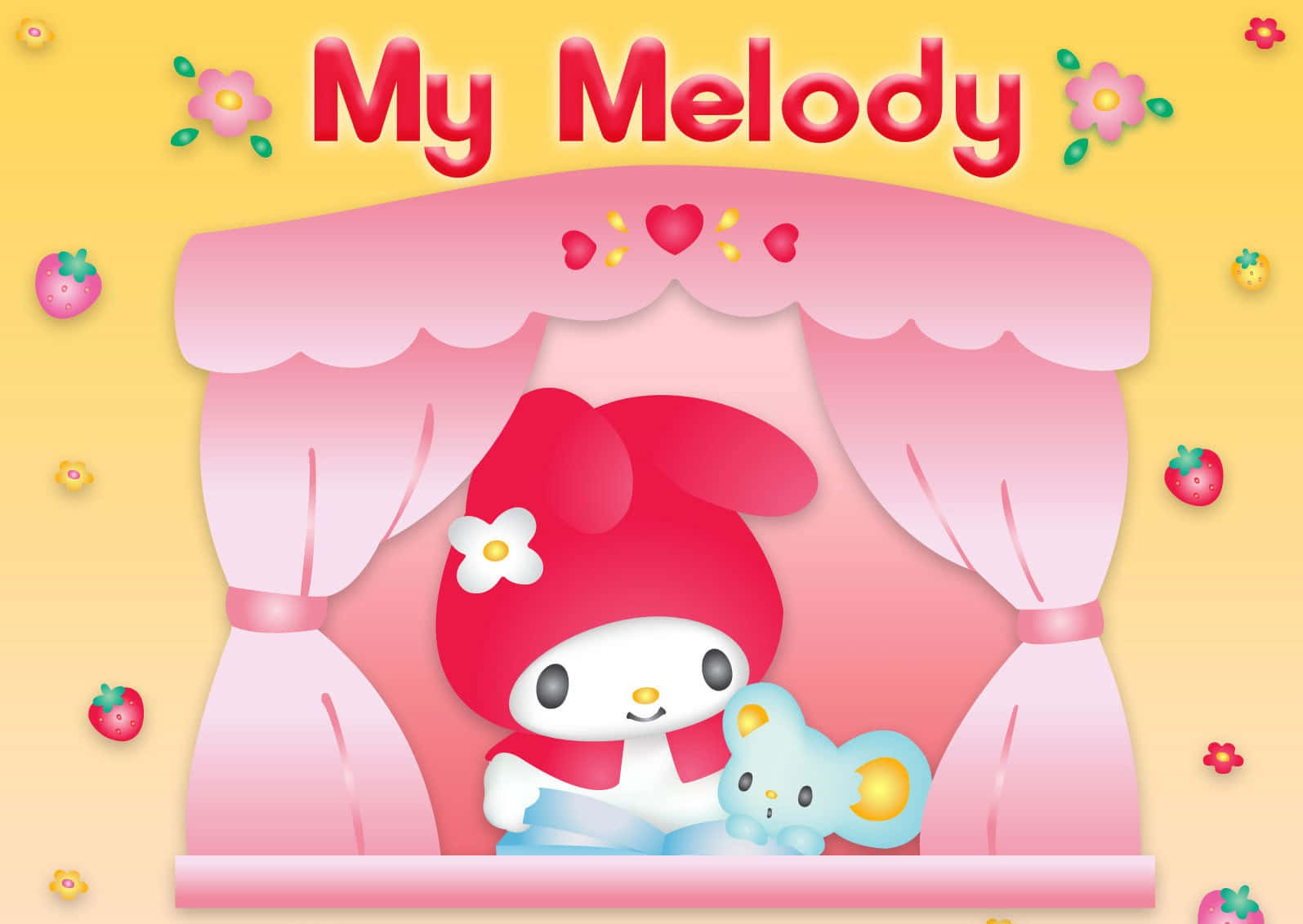 Cartoon Characters 桌布 壁紙 — My Melody 在粉紅色窗簾舞台上，在黃色背景搭配草莓和花朵的環境下，抱著一個藍色老鼠玩偶。