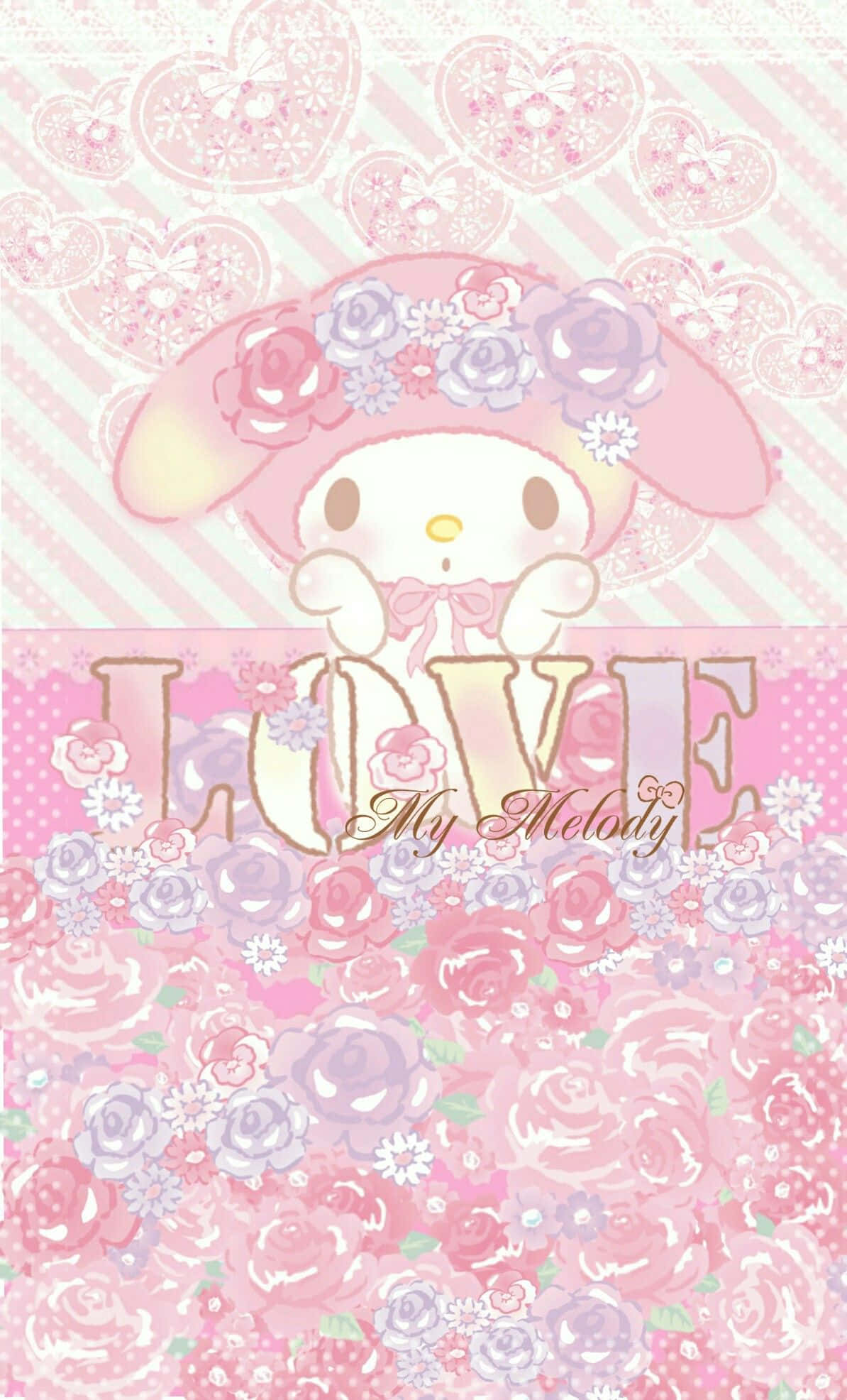 Cute My Melody 桌布 壁紙 — My Melody 坐在花卉粉紅色背景上，心形和玫瑰圍繞著 LOVE 這個詞。