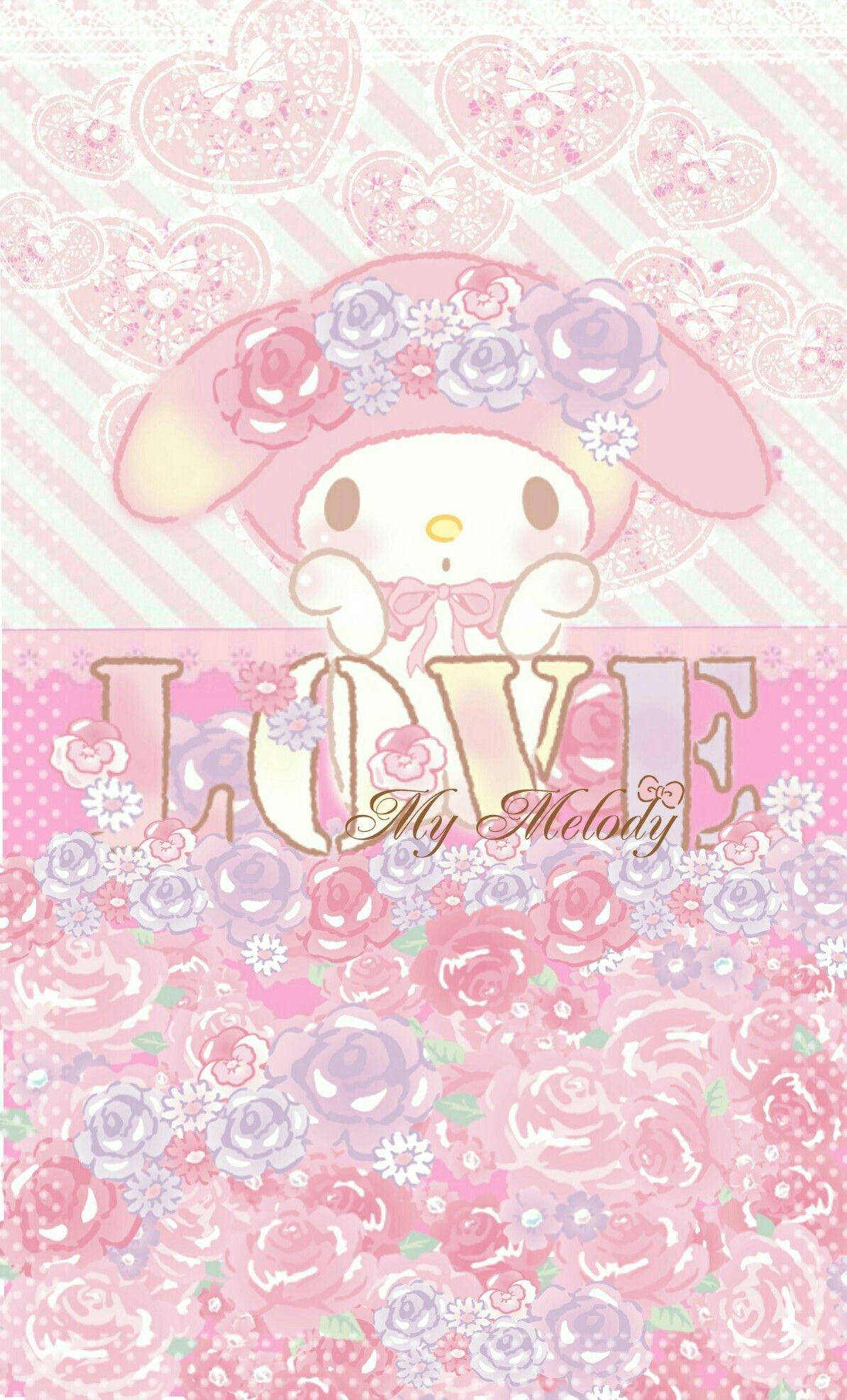 my 桌布 壁紙 — My Melody 坐在花卉粉紅色背景上，有心形和閃爍字體的love字樣。