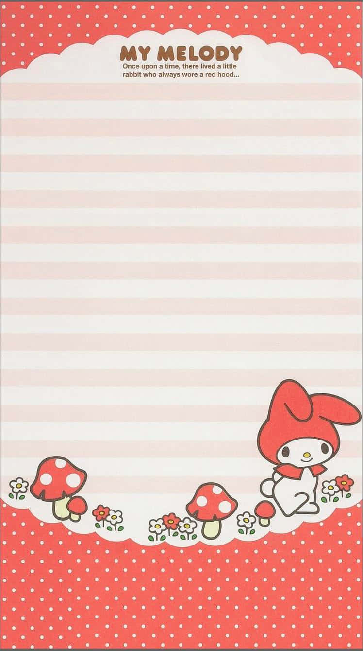 adorable 桌布 壁紙 — My Melody 戴紅色帽子的兔子坐在圓點紅色邊框和條紋紙之間，有蘑菇和花朵。