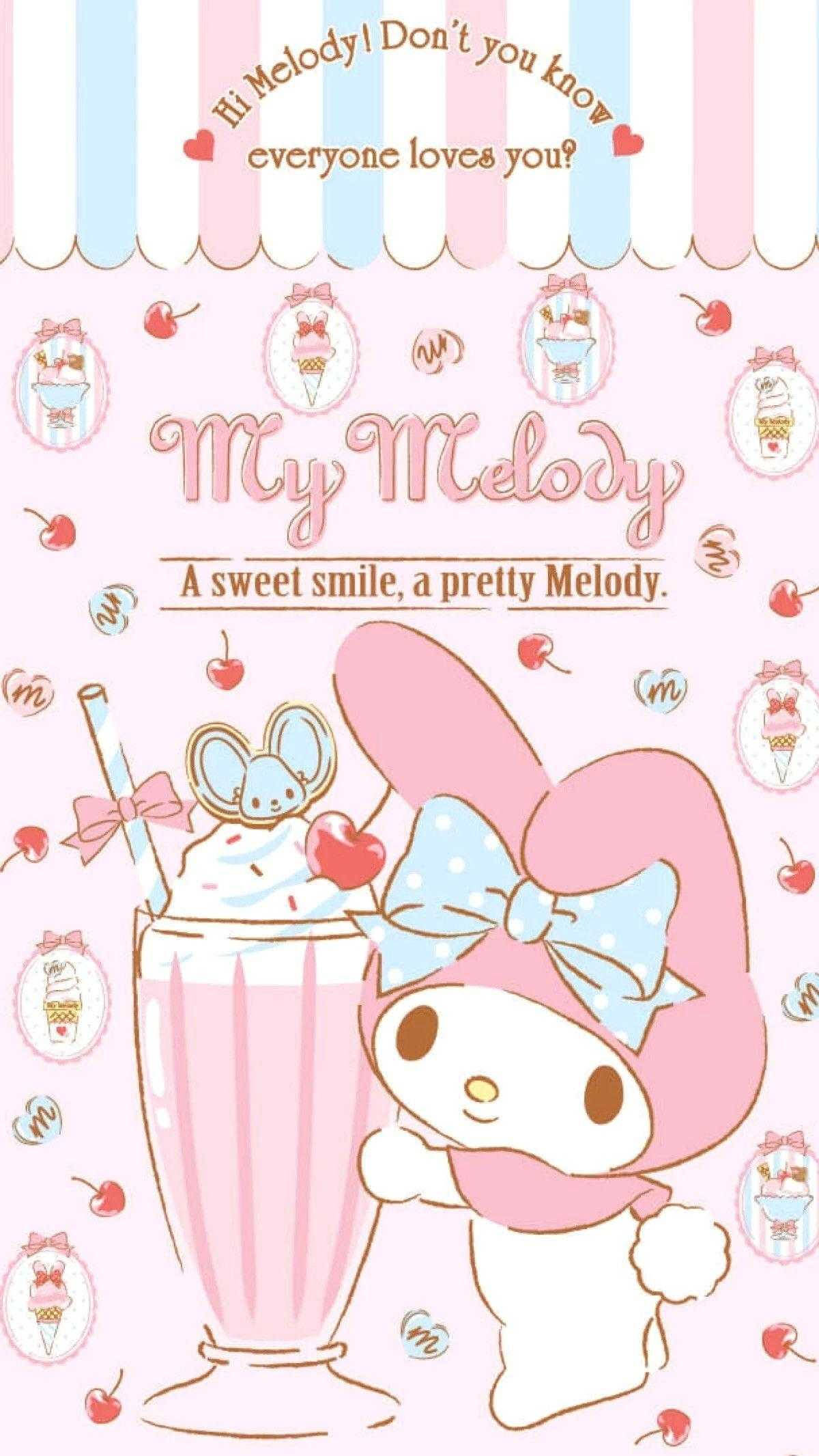 my 桌布 壁紙 — My Melody 粉紅色兔子戴著藍色蝴蝶結，在粉彩條紋背景前拿著櫻桃奶昔。