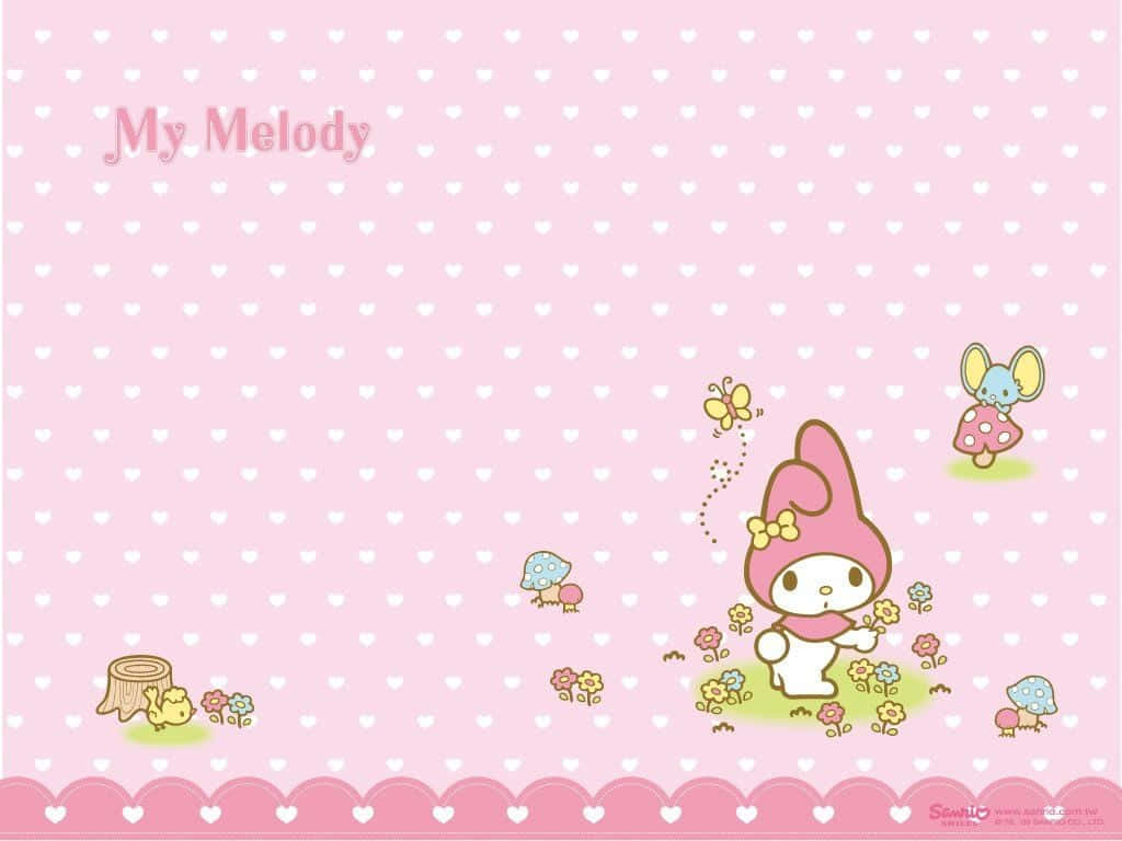 我的旋律 桌布 壁紙 — My Melody 粉紅色兔子戴著蝴蝶結，坐在心形圖案粉紅色背景上的花朵和蘑菇之間。