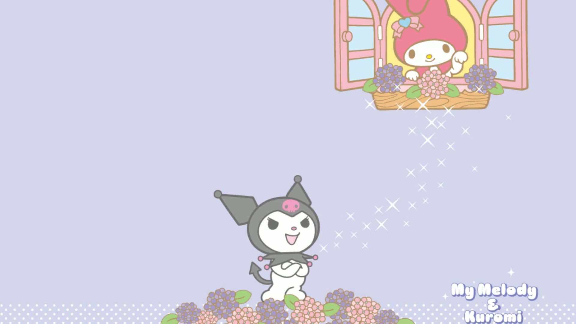 Kuromi And My Melody 桌布 壁紙 — My Melody 與 Kuromi 在粉彩粉紅窗景中，搭配繡球花與閃爍魔法。