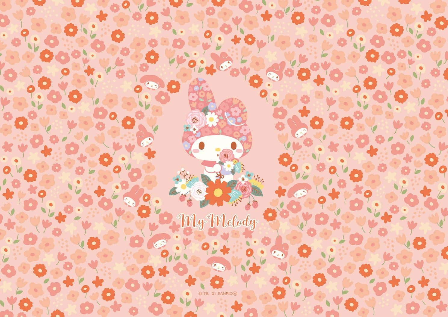 桌布 壁紙 — My Melody 被柔和粉彩背景上充滿活力的粉紅色和橙色花朵圖案包圍。
