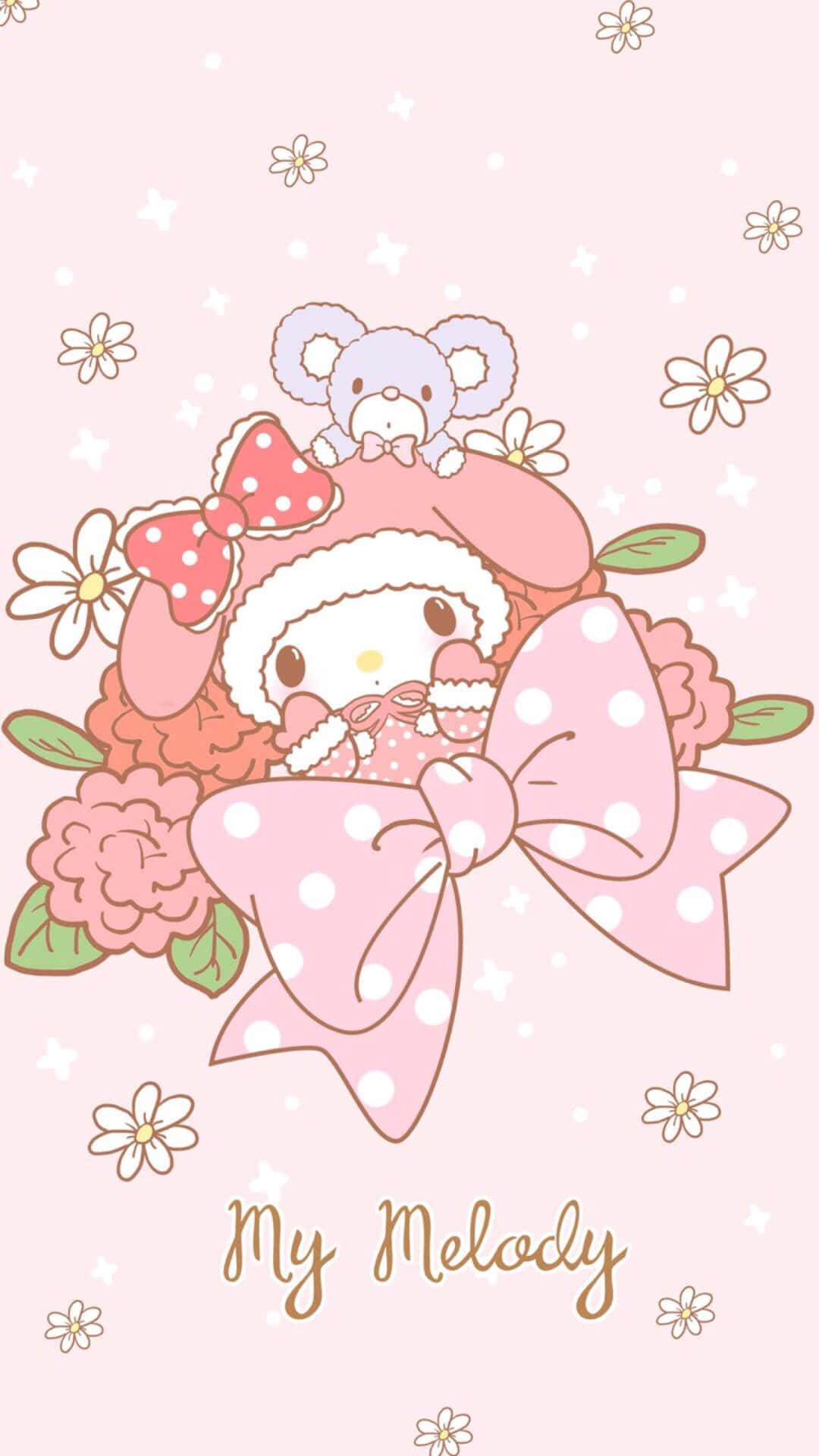 我的旋律 桌布 壁紙 — My Melody 身穿粉紅色圓點服裝，被花朵和星星環繞，背景為柔和粉紅色。